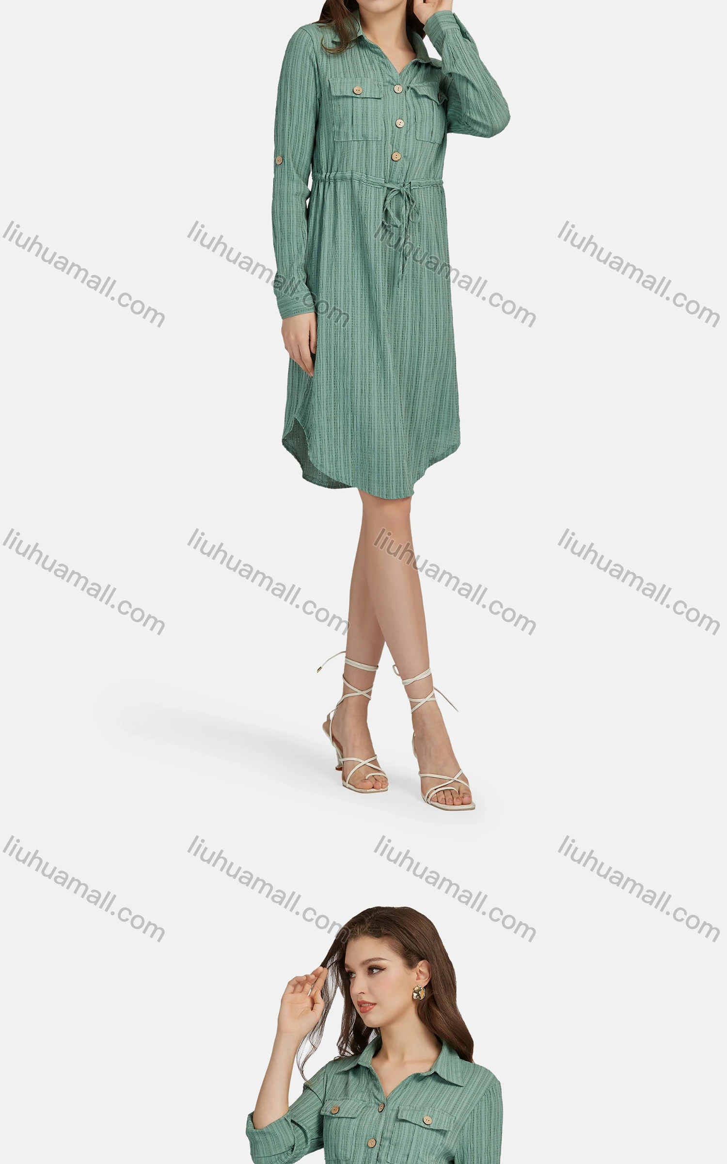 Wholesale Women's Casual Collared Drawstring Button Down Curved Hem Shirt Dress 3097# - Liuhuamall