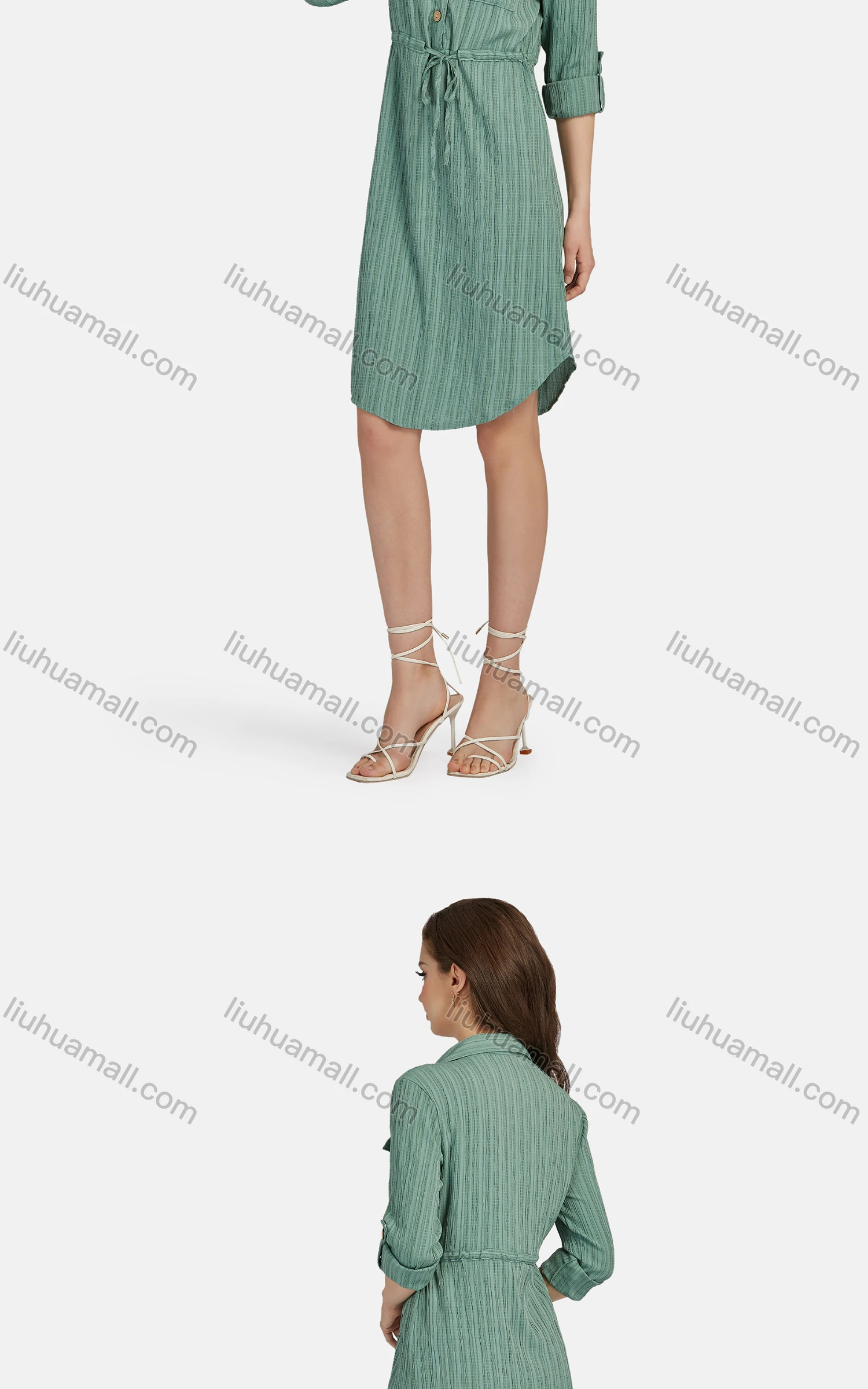 Wholesale Women's Casual Collared Drawstring Button Down Curved Hem Shirt Dress 3097# - Liuhuamall