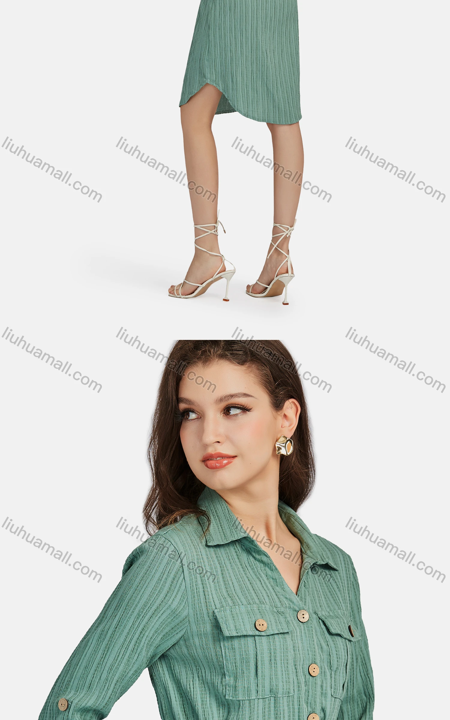 Wholesale Women's Casual Collared Drawstring Button Down Curved Hem Shirt Dress 3097# - Liuhuamall