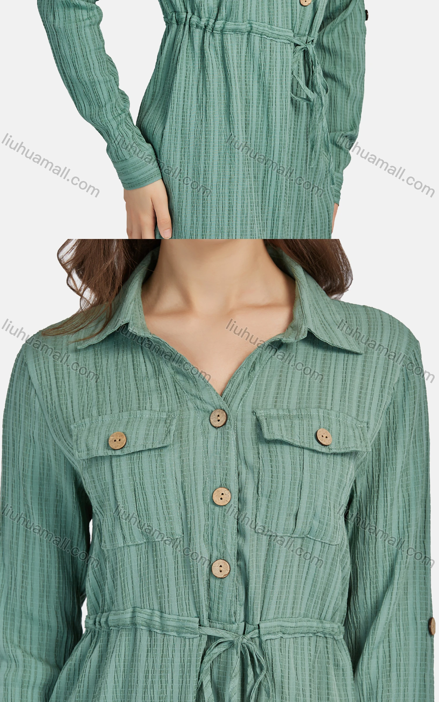 Wholesale Women's Casual Collared Drawstring Button Down Curved Hem Shirt Dress 3097# - Liuhuamall