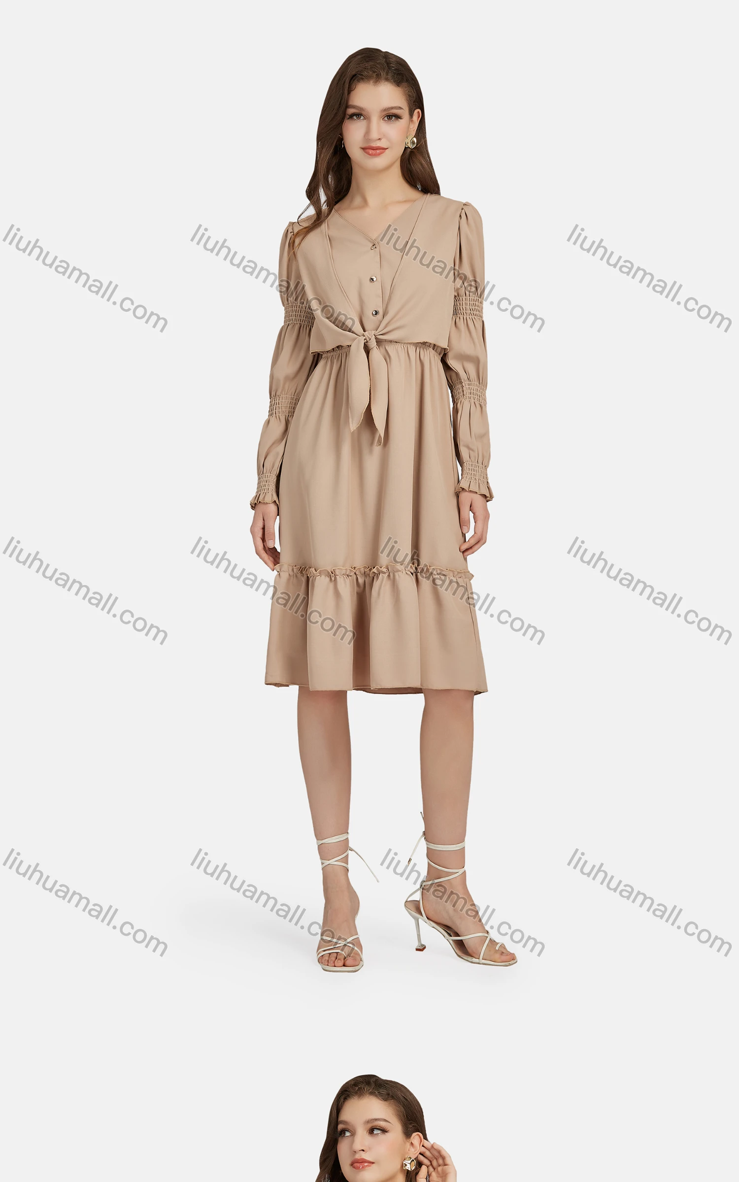 Wholesale Women's Casual V Neck Tie Front Button Front Ruffle Hem Dress 10097# - Liuhuamall