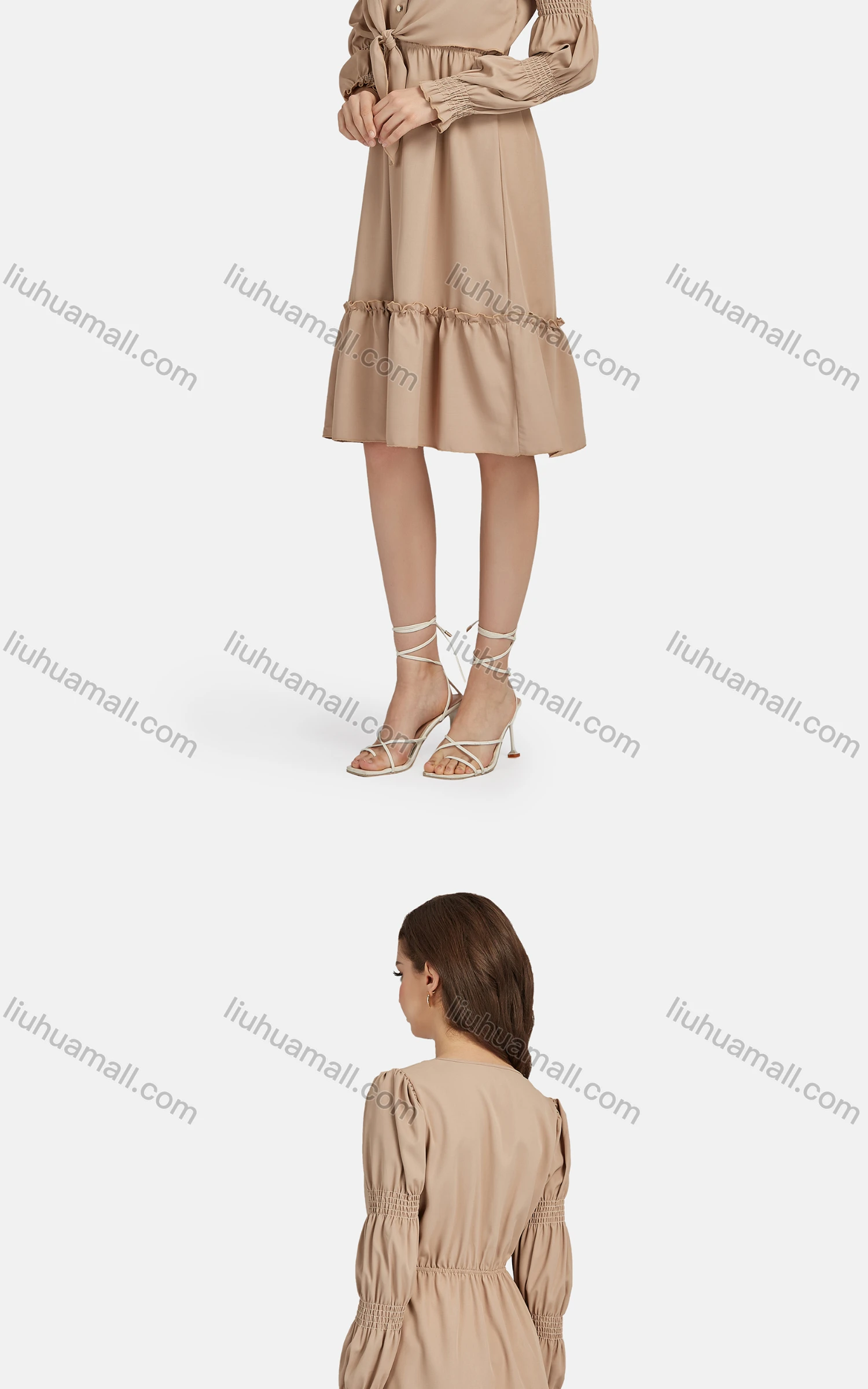 Wholesale Women's Casual V Neck Tie Front Button Front Ruffle Hem Dress 10097# - Liuhuamall