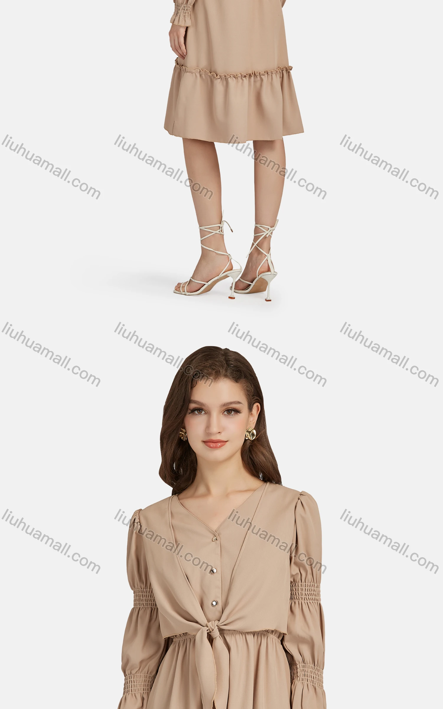 Wholesale Women's Casual V Neck Tie Front Button Front Ruffle Hem Dress 10097# - Liuhuamall