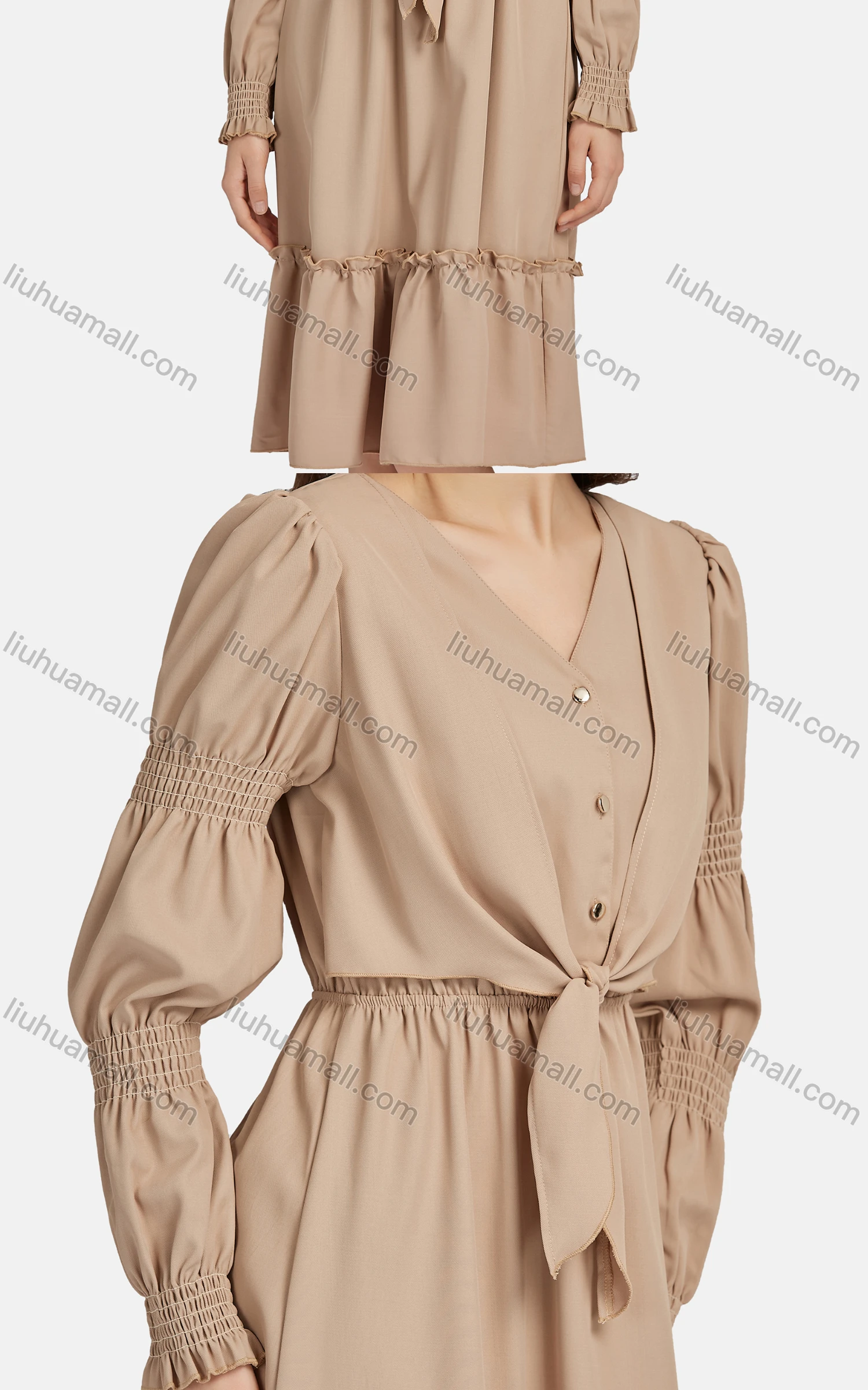 Wholesale Women's Casual V Neck Tie Front Button Front Ruffle Hem Dress 10097# - Liuhuamall