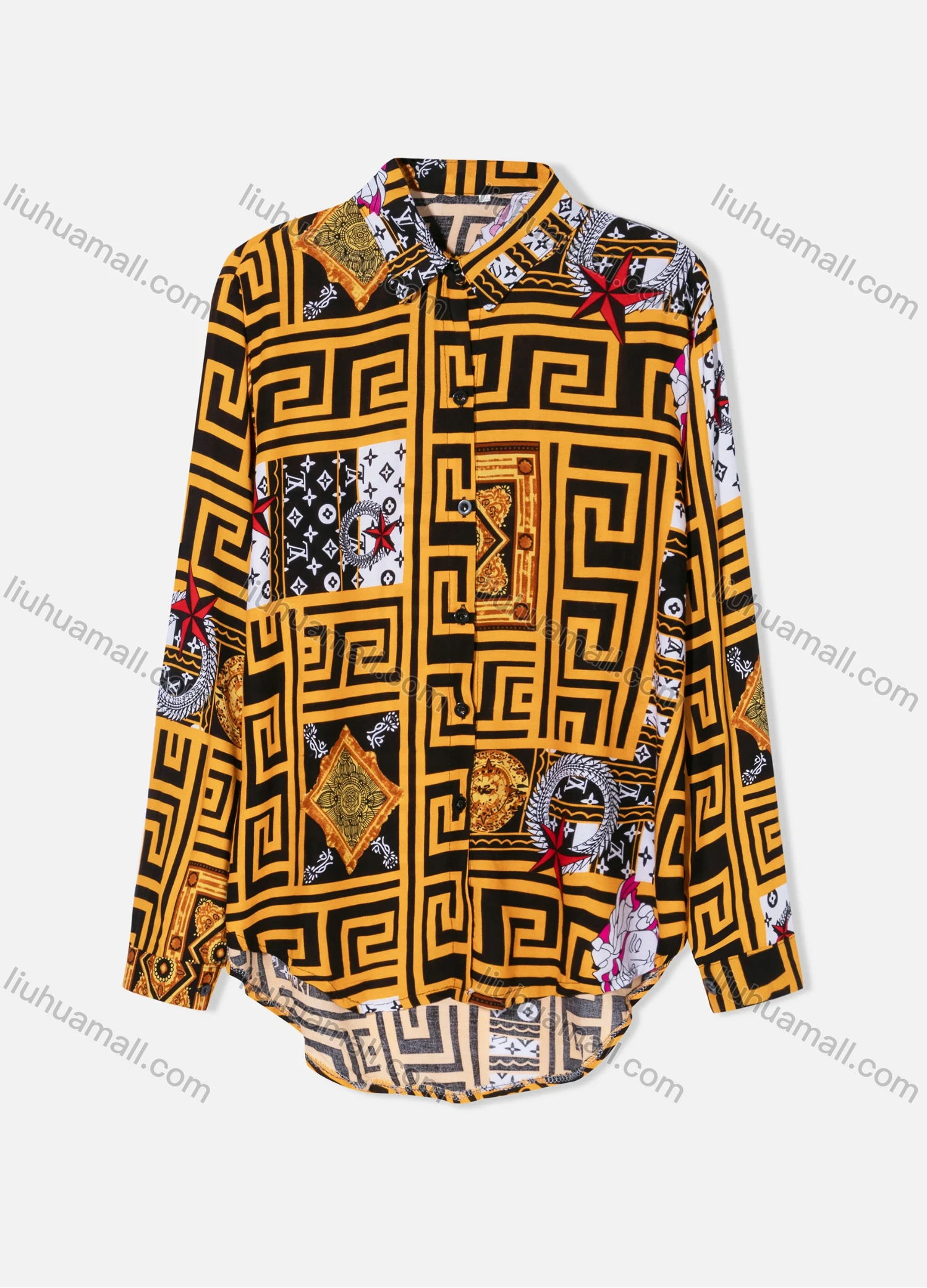 Wholesale Women's Plus Size Fashion Long Sleeve Button Down Patchwork Print Shirt - Liuhuamall