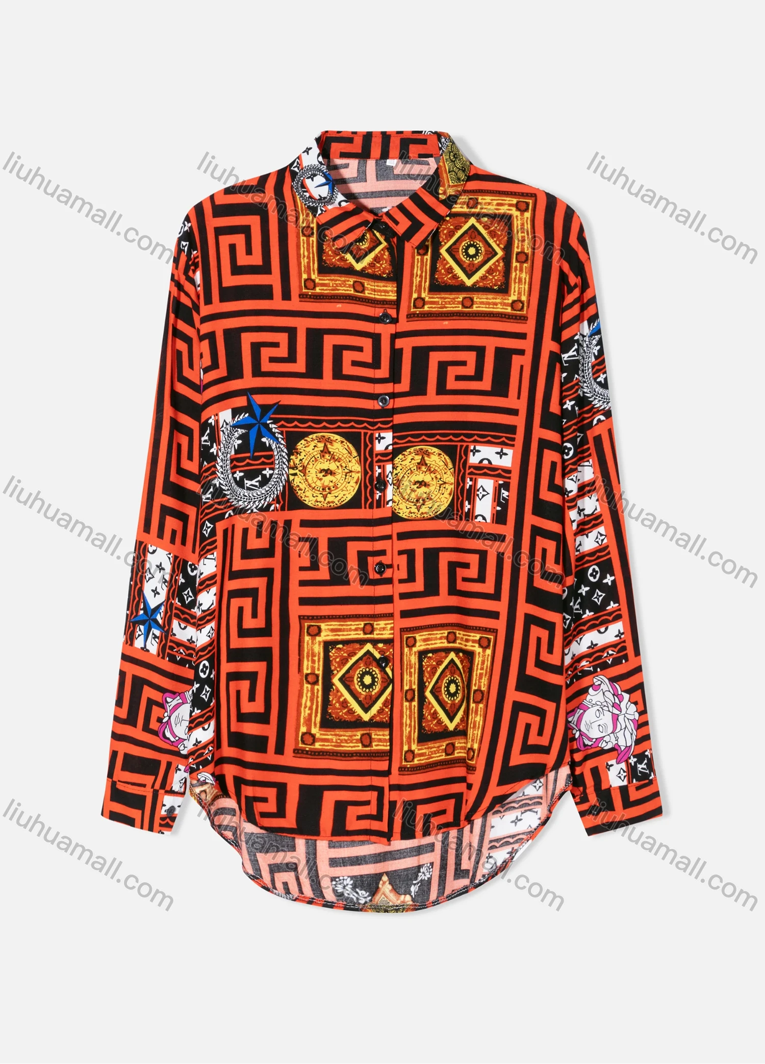 Wholesale Women's Plus Size Fashion Long Sleeve Button Down Patchwork Print Shirt - Liuhuamall