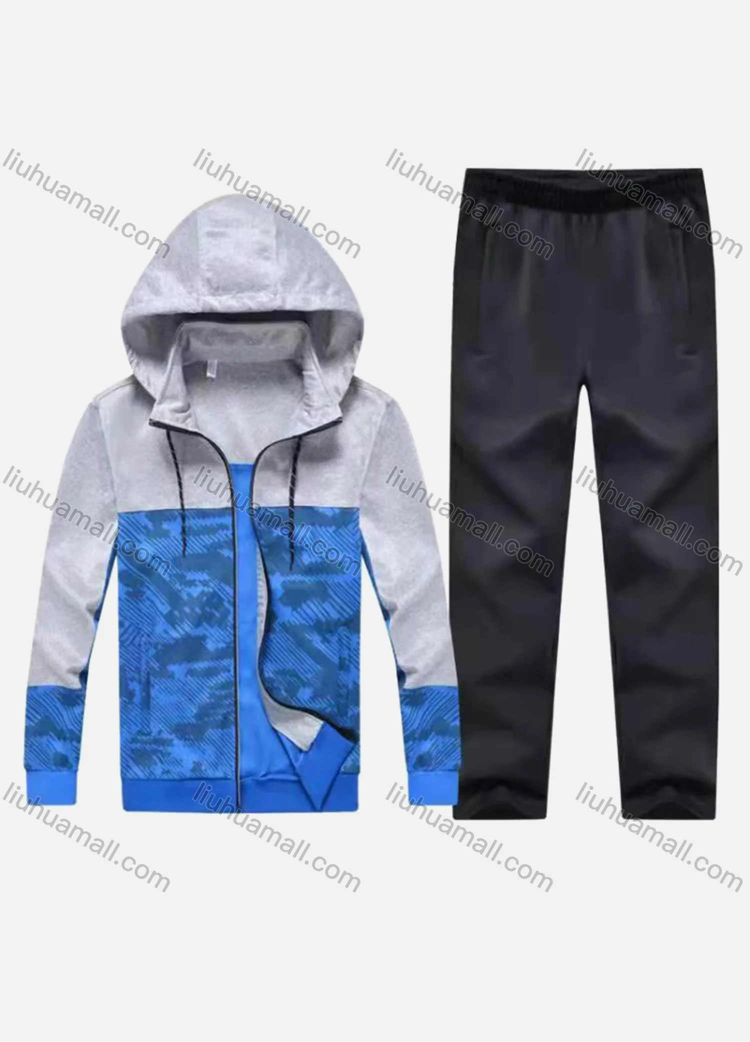 Wholesale Men's Athletic Workout Splicing Colorblock Drawstring Zip Hoodie & Elastic Waist Ankle Length Pants 2 Piece Set 30976# - Liuhuamall