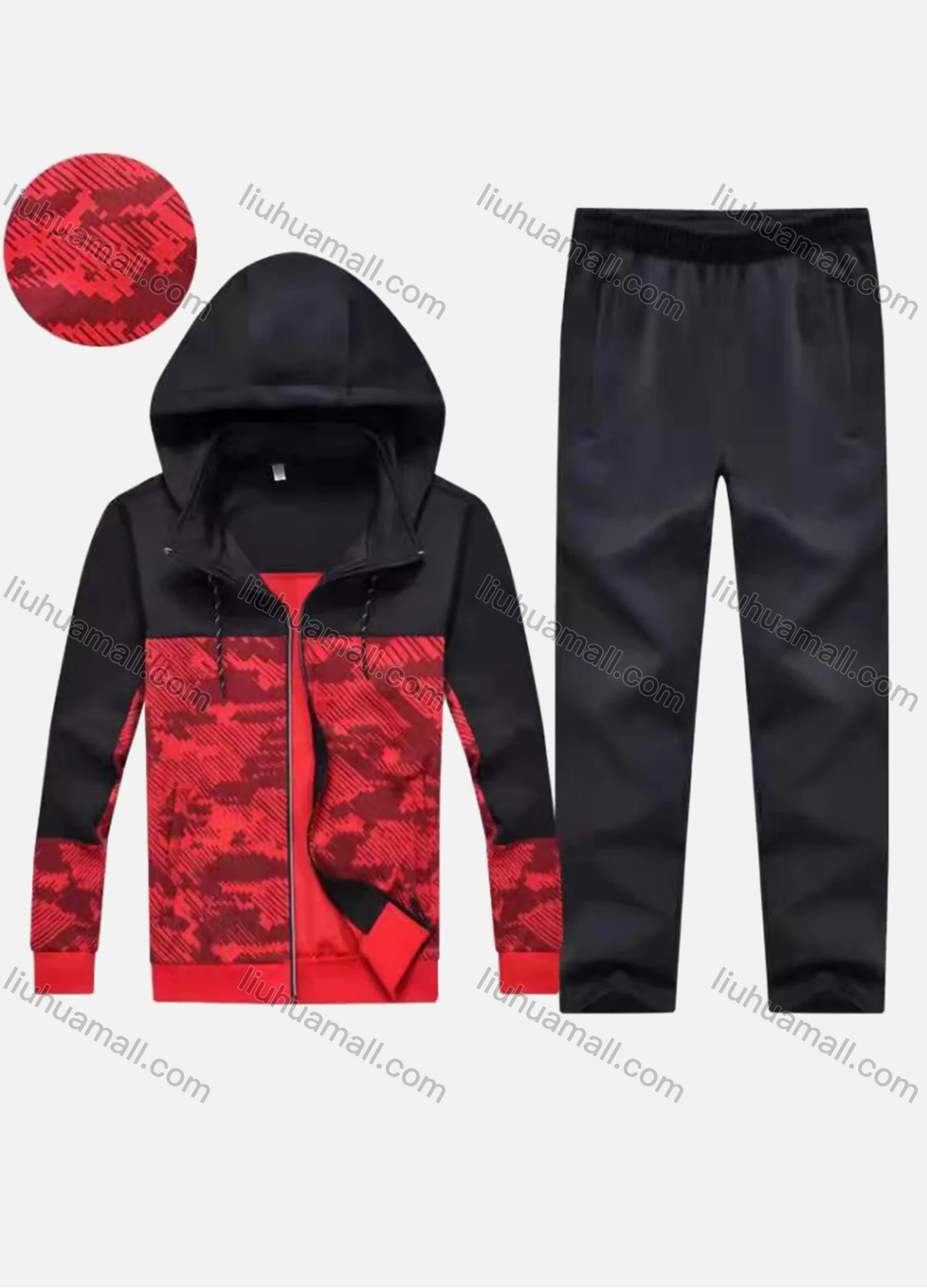 Wholesale Men's Athletic Workout Splicing Colorblock Drawstring Zip Hoodie & Elastic Waist Ankle Length Pants 2 Piece Set 30976# - Liuhuamall