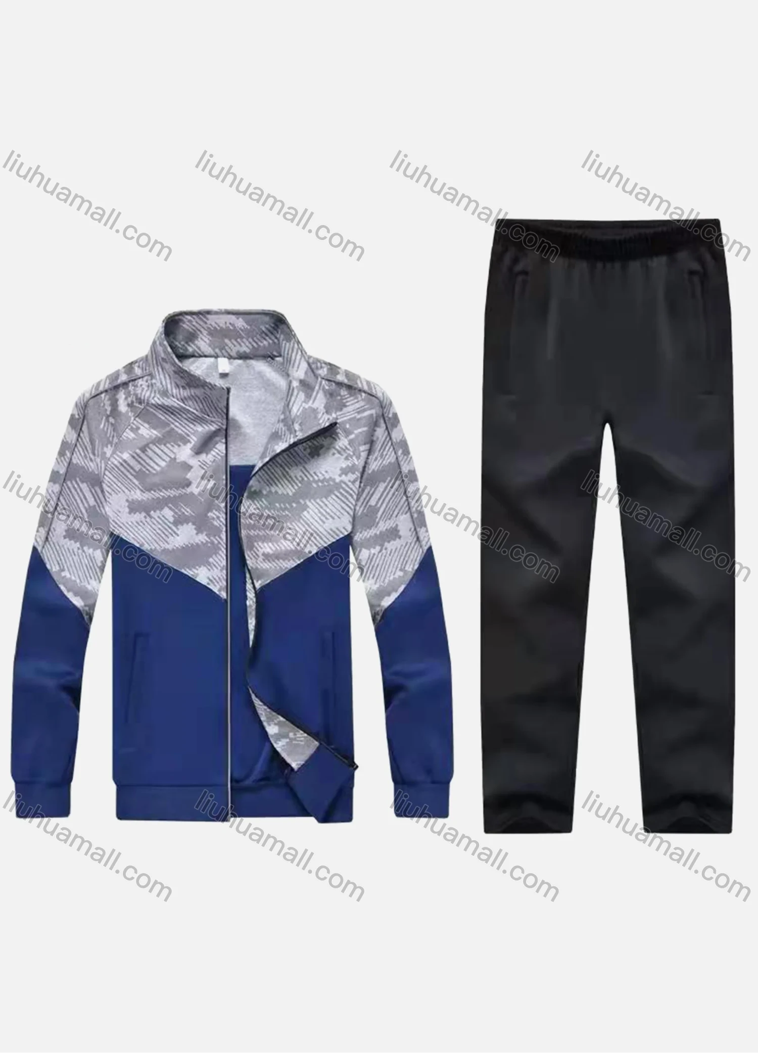 Wholesale Men's Athletic Workout Splicing Colorblock Stand Neck Zip Jacket & Elastic Waist Ankle Length Pants 2 Piece Set 30978# - Liuhuamall