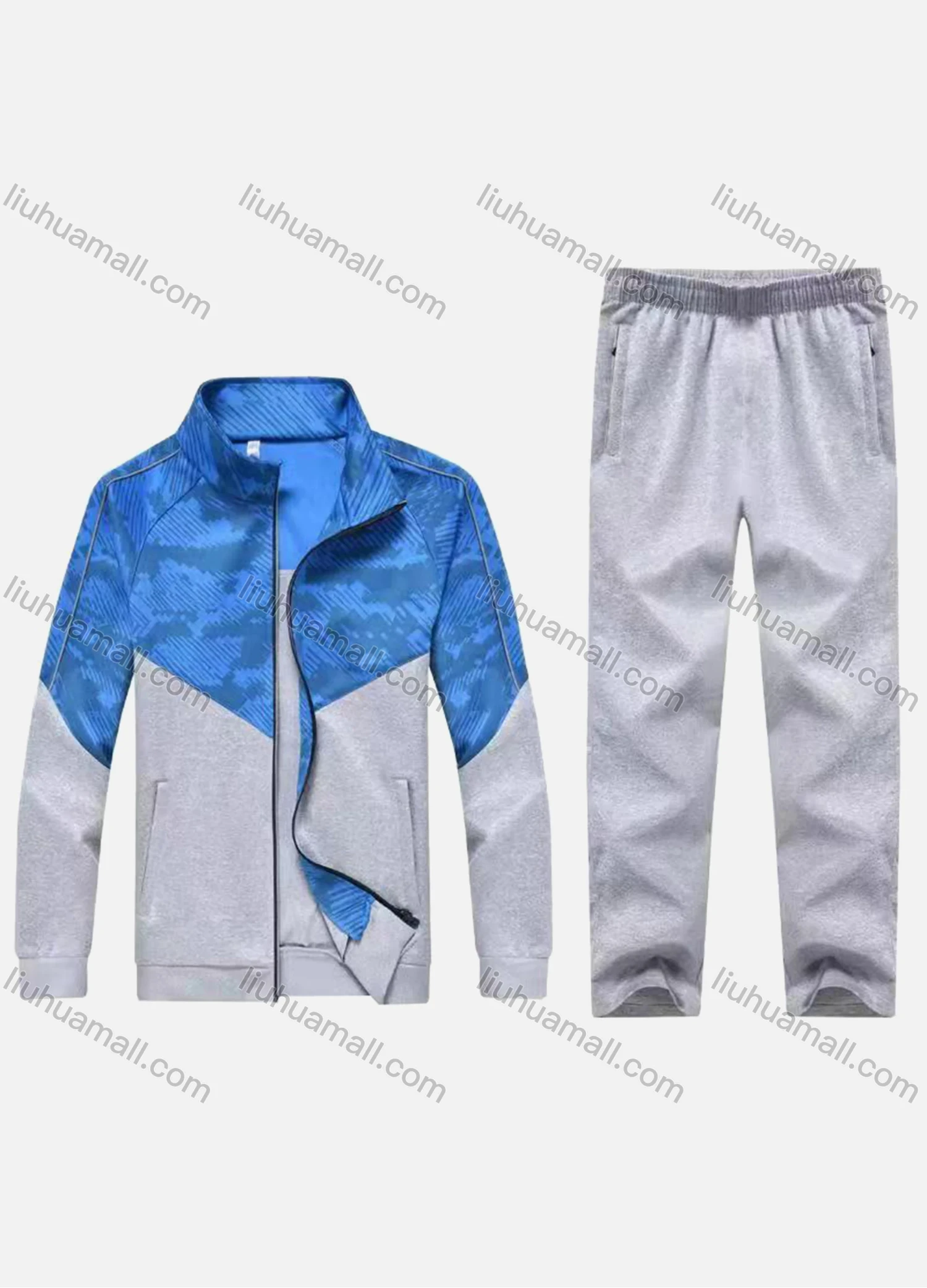 Wholesale Men's Athletic Workout Splicing Colorblock Stand Neck Zip Jacket & Elastic Waist Ankle Length Pants 2 Piece Set 30978# - Liuhuamall