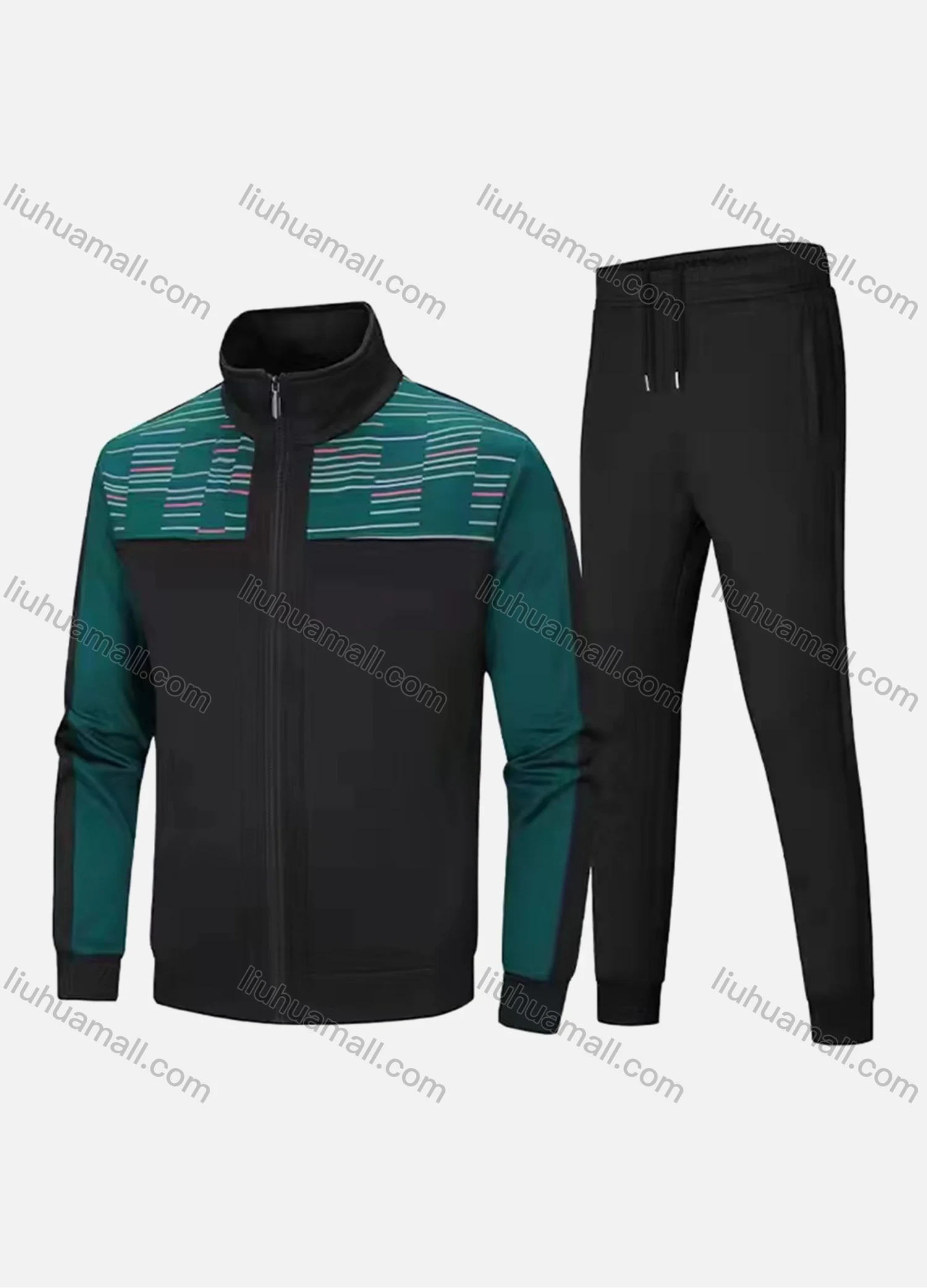 Wholesale Men's Athletic Workout Splicing Colorblock Stand Neck Zip Jacket & Elastic Waist Ankle Length Pants 2 Piece Set - Liuhuamall