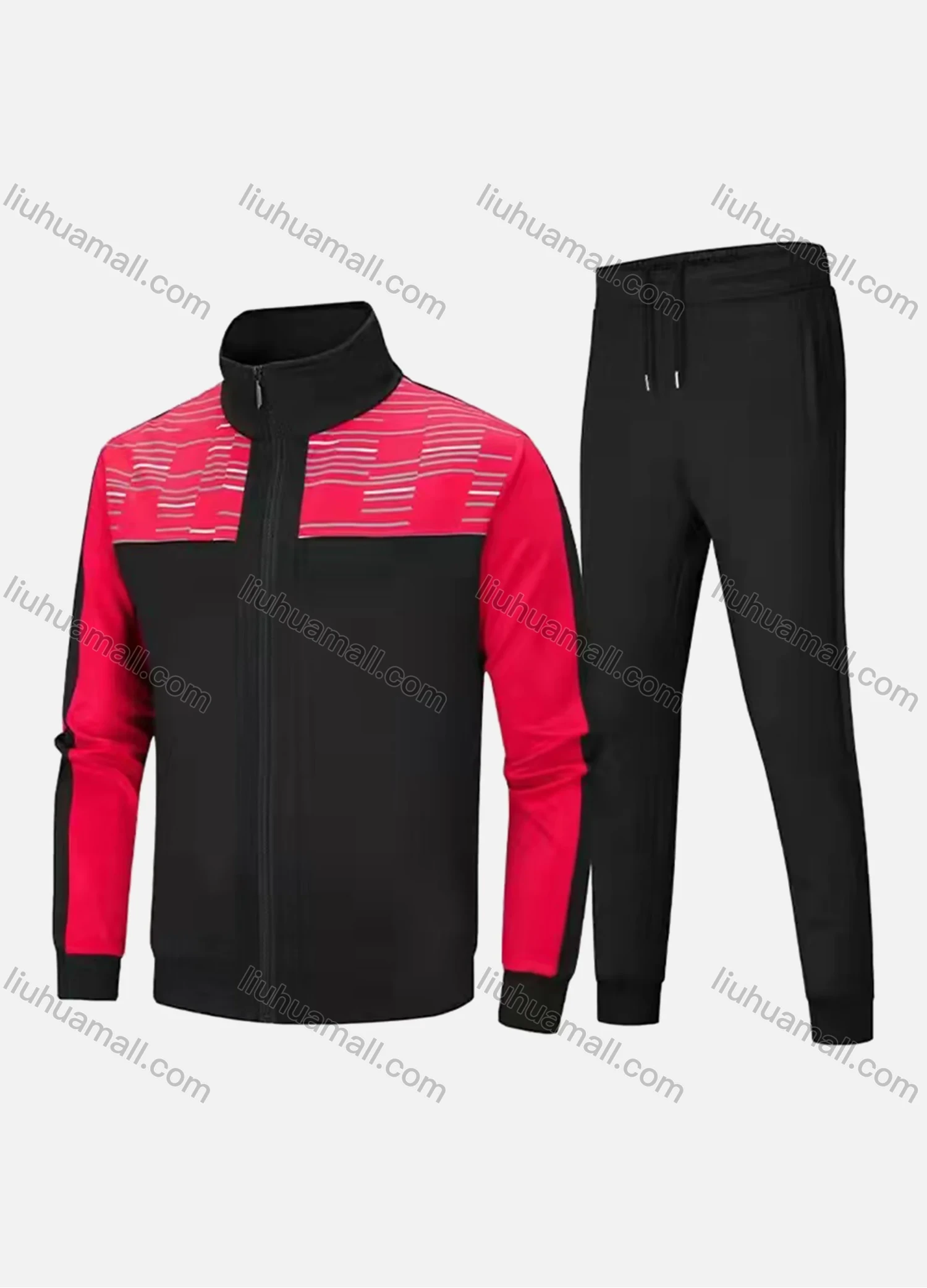 Wholesale Men's Athletic Workout Splicing Colorblock Stand Neck Zip Jacket & Elastic Waist Ankle Length Pants 2 Piece Set - Liuhuamall