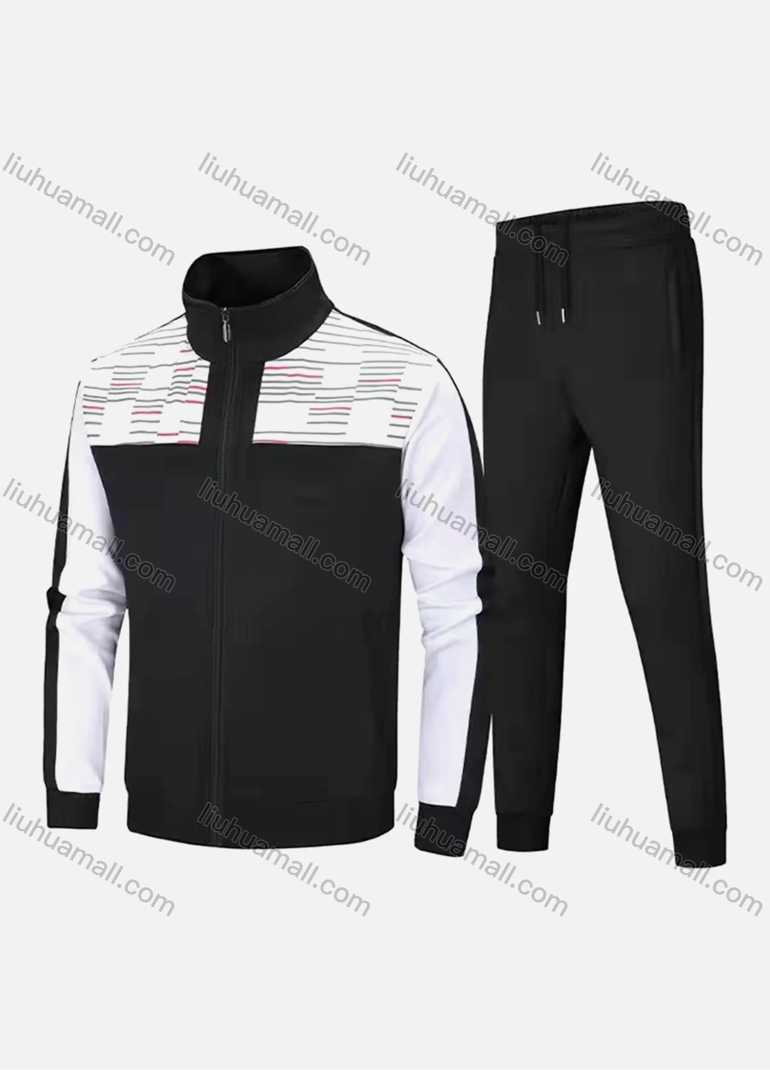 Wholesale Men's Athletic Workout Splicing Colorblock Stand Neck Zip Jacket & Elastic Waist Ankle Length Pants 2 Piece Set - Liuhuamall