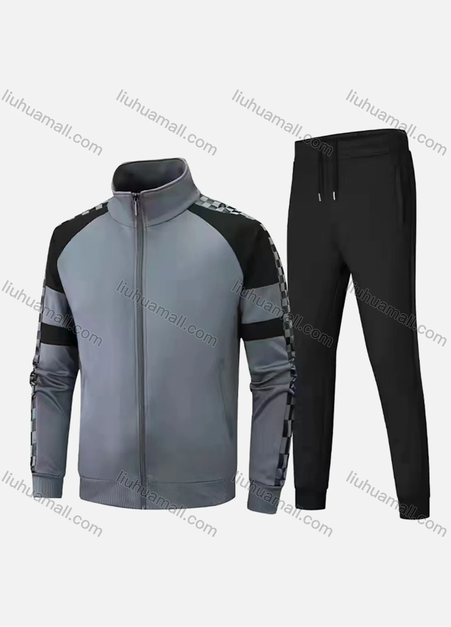 Wholesale Men's Athletic Workout Splicing Colorblock Stand Neck Zip Jacket & Elastic Waist Ankle Length Pants 2 Piece Set - Liuhuamall