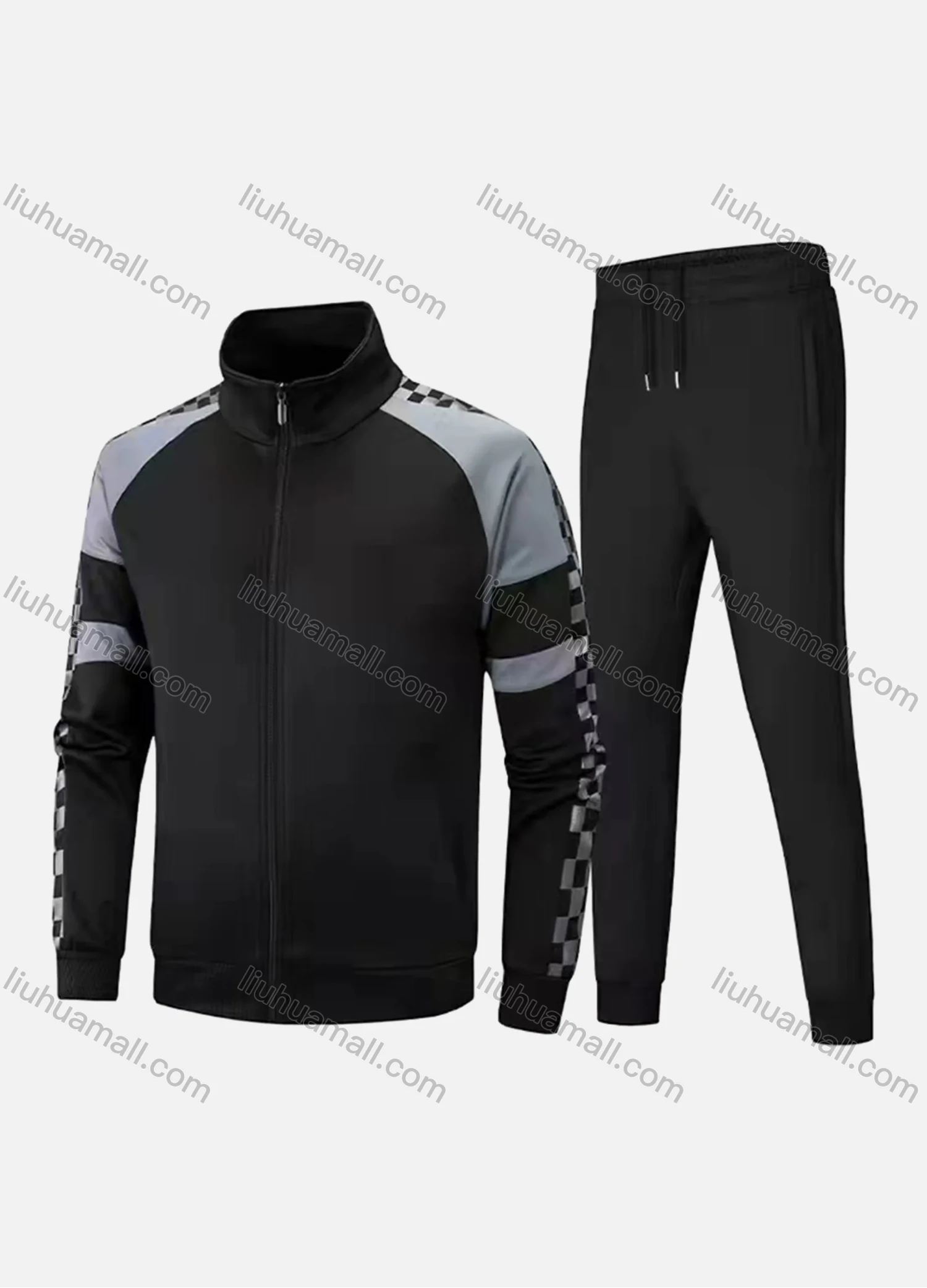 Wholesale Men's Athletic Workout Splicing Colorblock Stand Neck Zip Jacket & Elastic Waist Ankle Length Pants 2 Piece Set - Liuhuamall