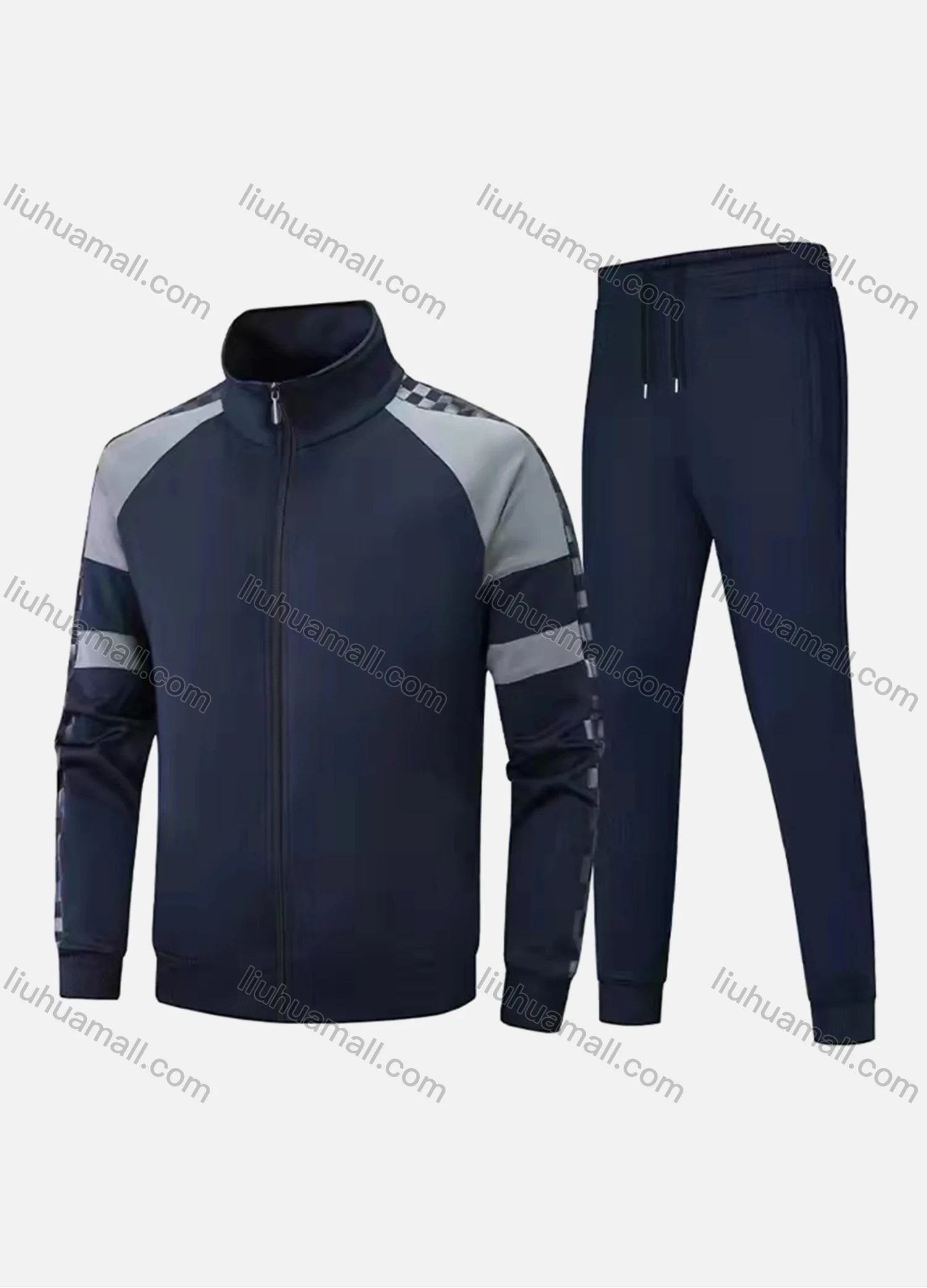 Wholesale Men's Athletic Workout Splicing Colorblock Stand Neck Zip Jacket & Elastic Waist Ankle Length Pants 2 Piece Set - Liuhuamall