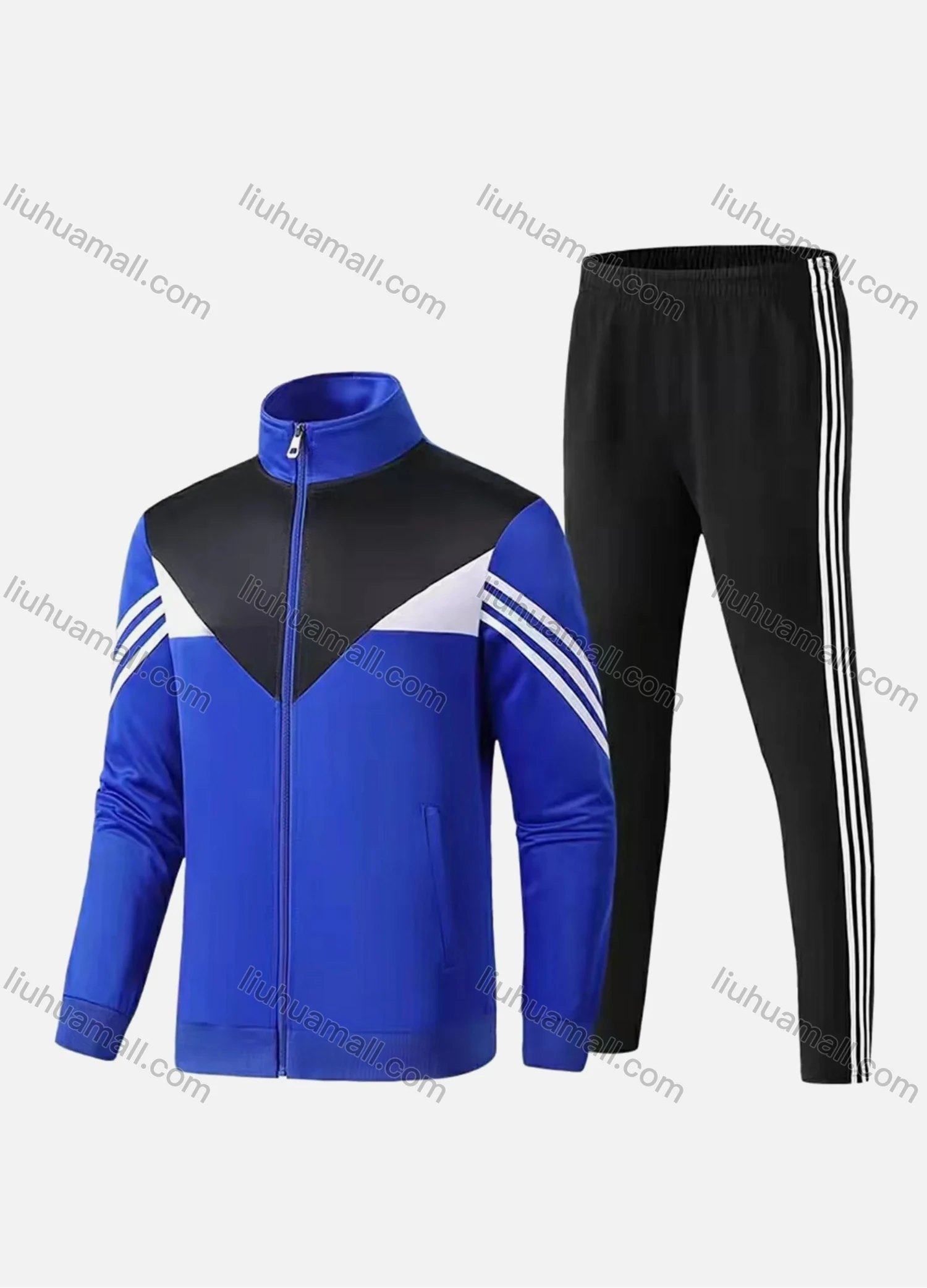 Wholesale Men's Athletic Workout Splicing Colorblock Striped Stand Neck Zip Jacket & Elastic Waist Ankle Length Pants 2 Piece Set - Liuhuamall