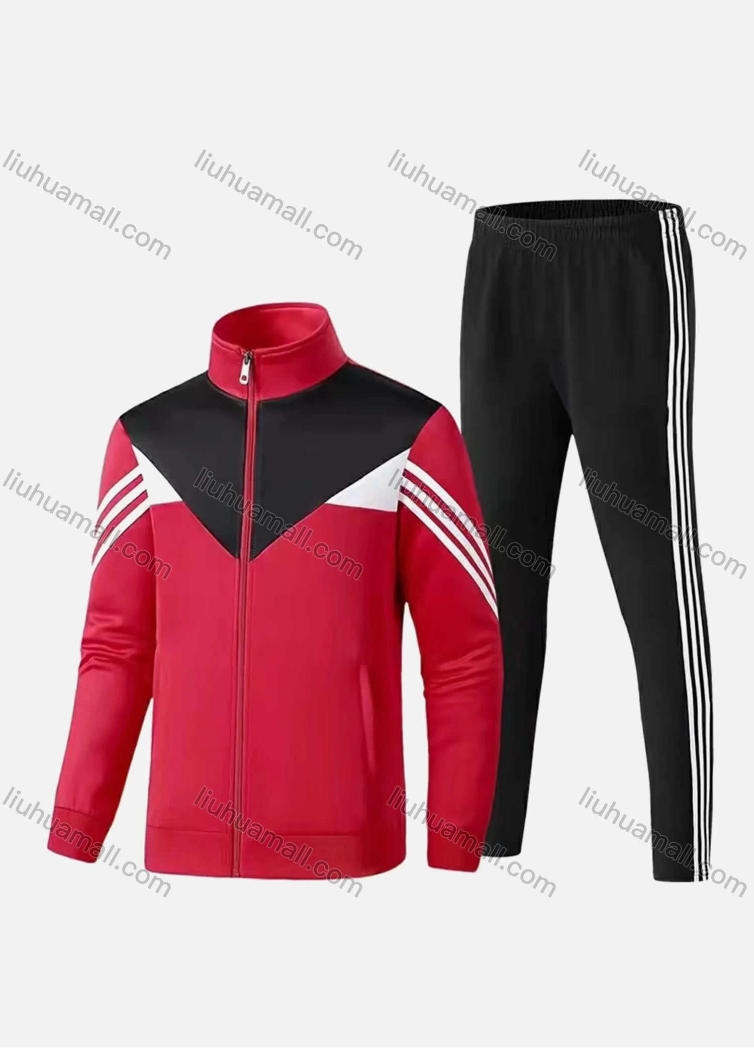 Wholesale Men's Athletic Workout Splicing Colorblock Striped Stand Neck Zip Jacket & Elastic Waist Ankle Length Pants 2 Piece Set - Liuhuamall