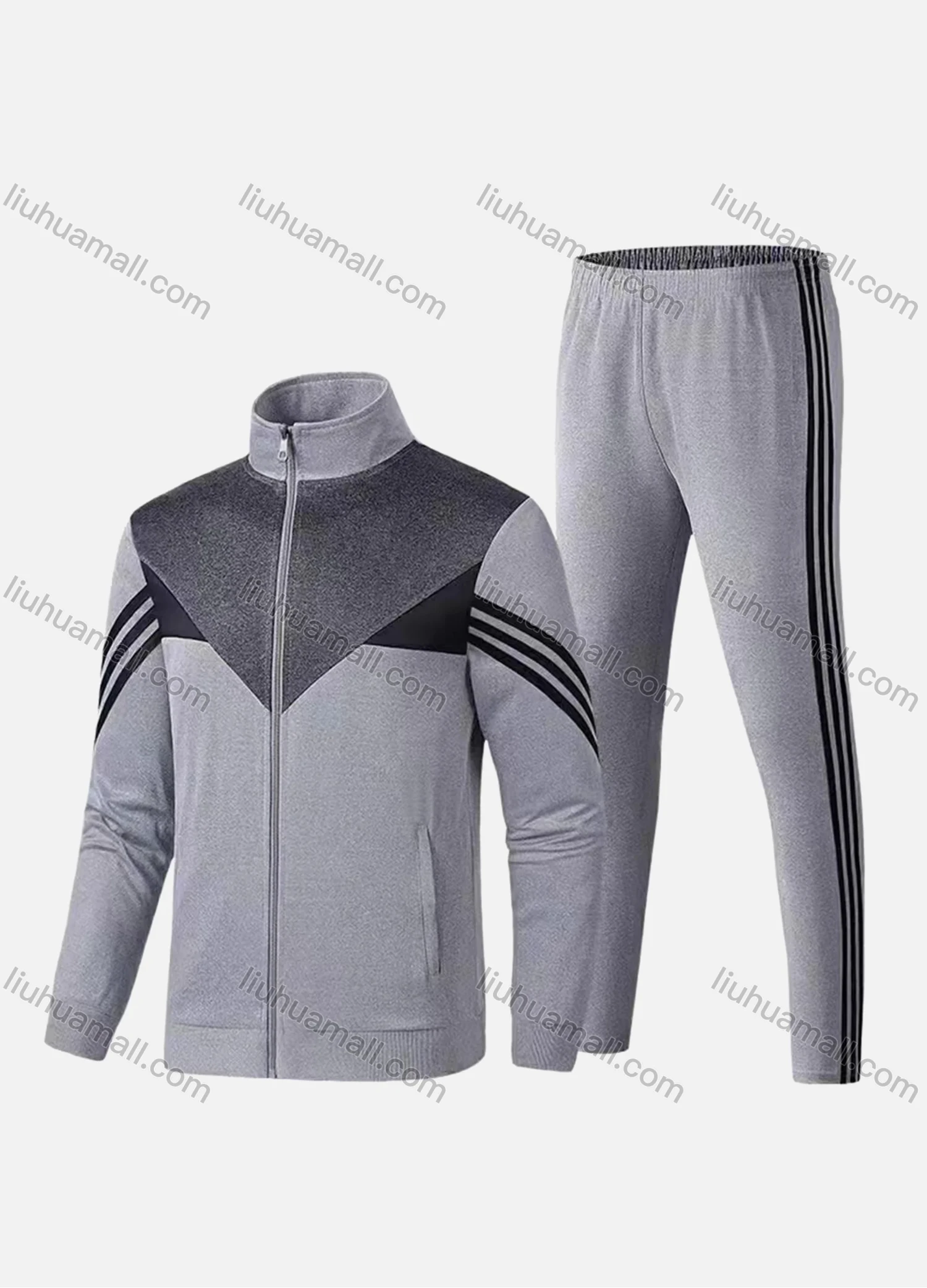 Wholesale Men's Athletic Workout Splicing Colorblock Striped Stand Neck Zip Jacket & Elastic Waist Ankle Length Pants 2 Piece Set - Liuhuamall