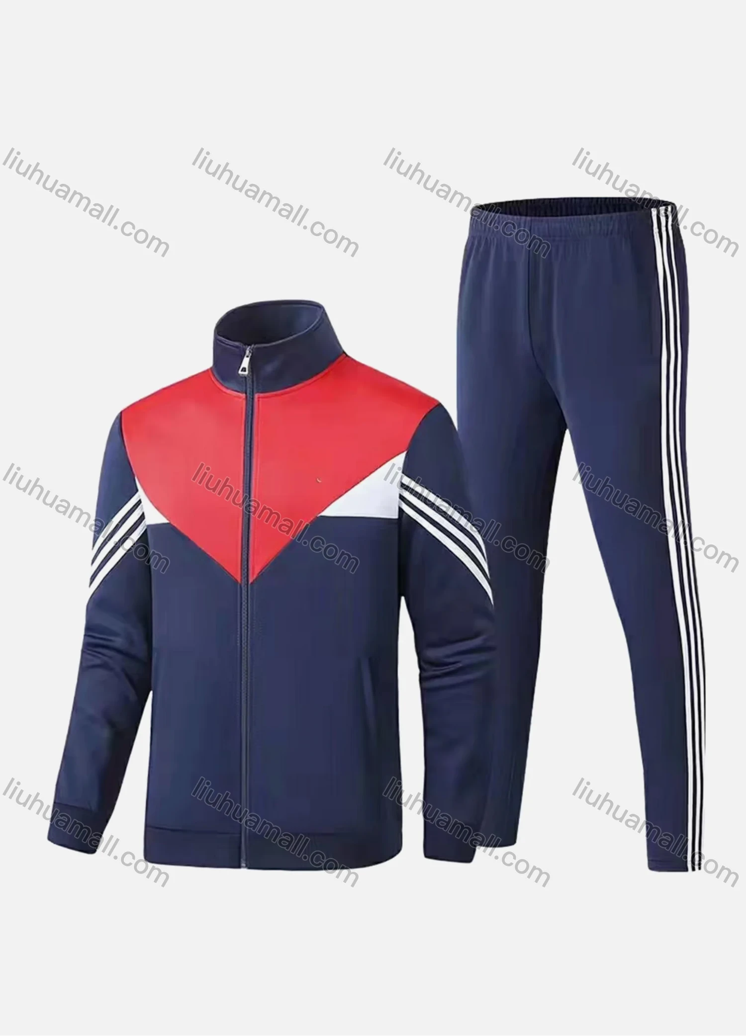 Wholesale Men's Athletic Workout Splicing Colorblock Striped Stand Neck Zip Jacket & Elastic Waist Ankle Length Pants 2 Piece Set - Liuhuamall