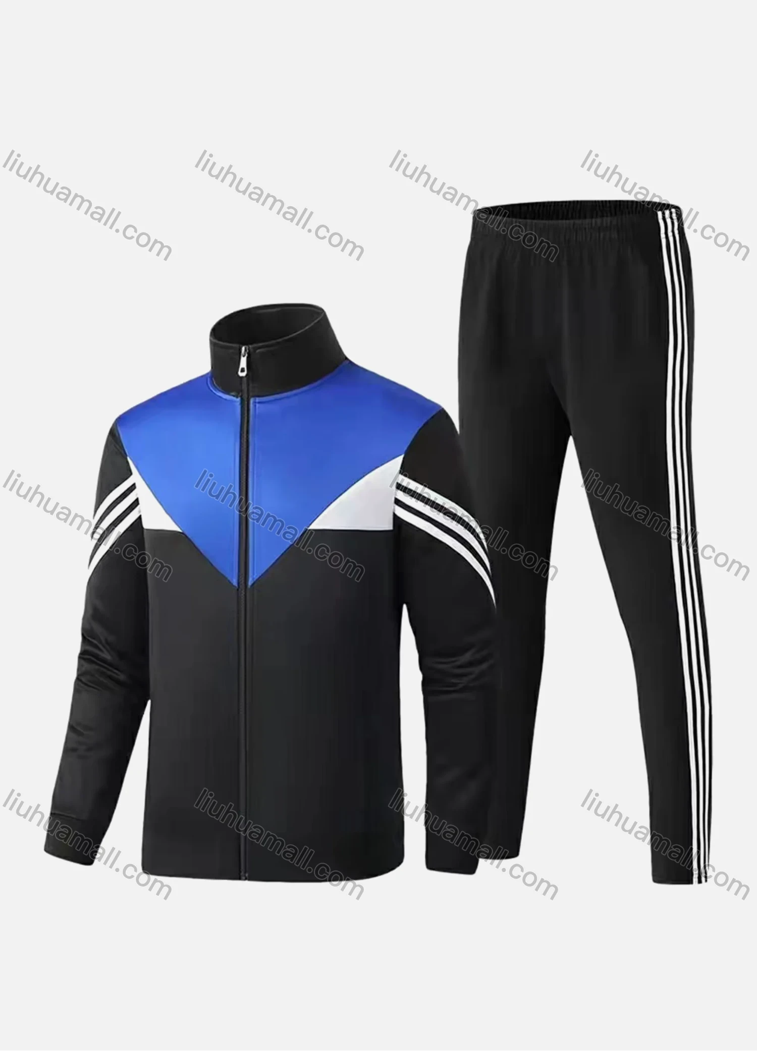Wholesale Men's Athletic Workout Splicing Colorblock Striped Stand Neck Zip Jacket & Elastic Waist Ankle Length Pants 2 Piece Set - Liuhuamall