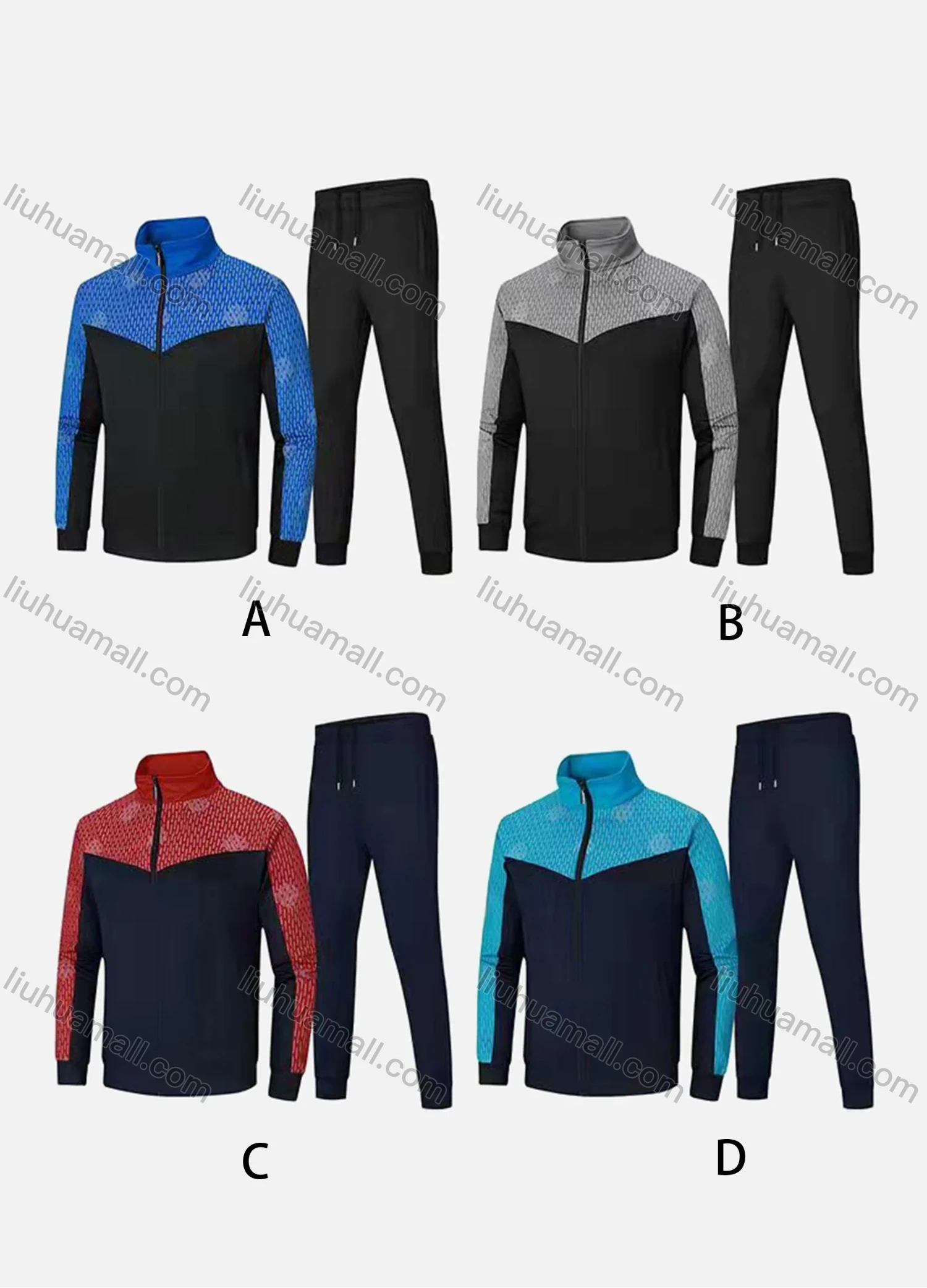 Wholesale Men's Athletic Workout Splicing Colorblock Stand Neck Zip Jacket & Elastic Waist Ankle Length Joggers 2 Piece Set 8083# - Liuhuamall