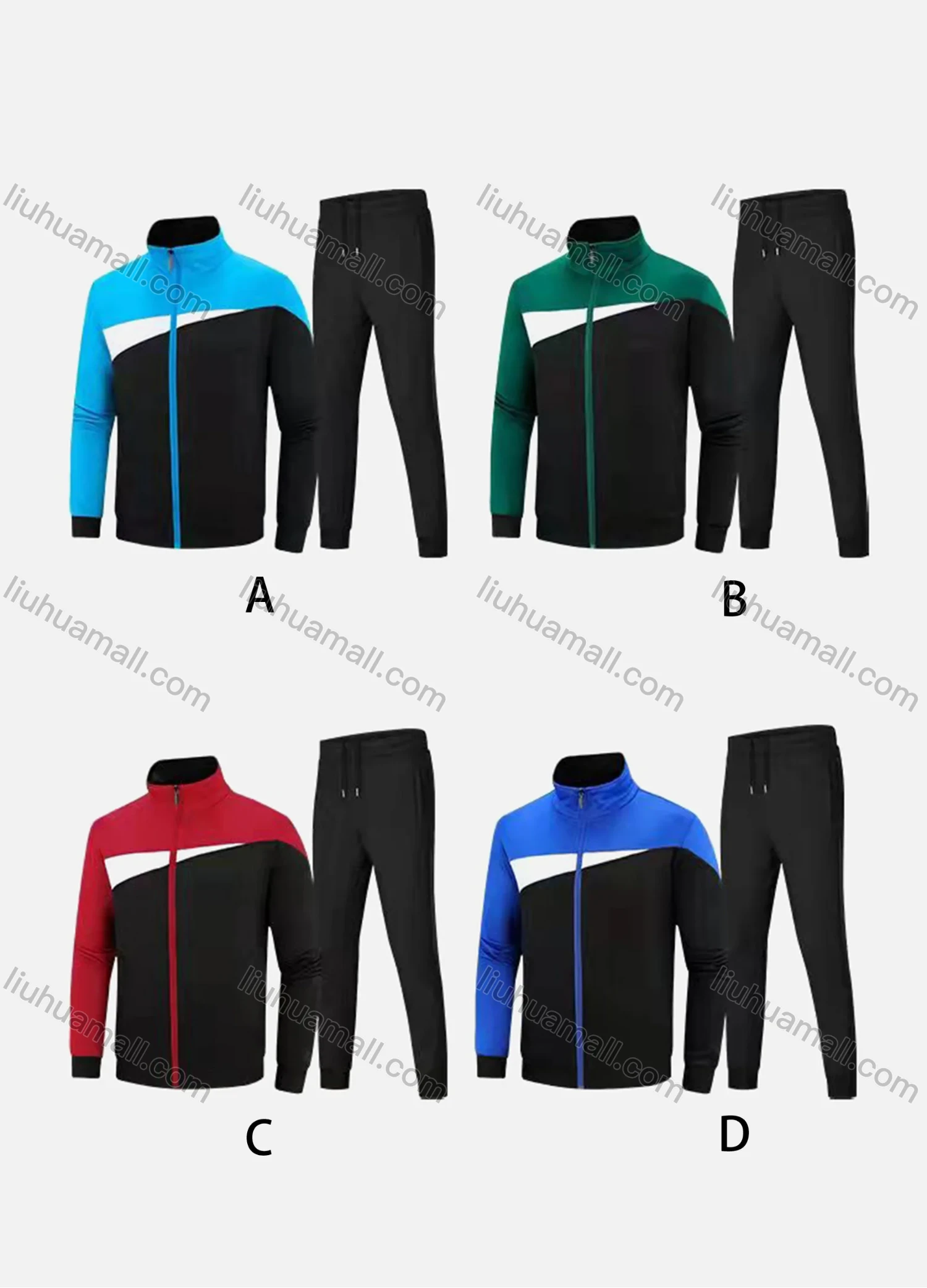 Wholesale Men's Athletic Workout Splicing Colorblock Stand Neck Zip Jacket & Elastic Waist Ankle Length Joggers 2 Piece Set 8088# - Liuhuamall