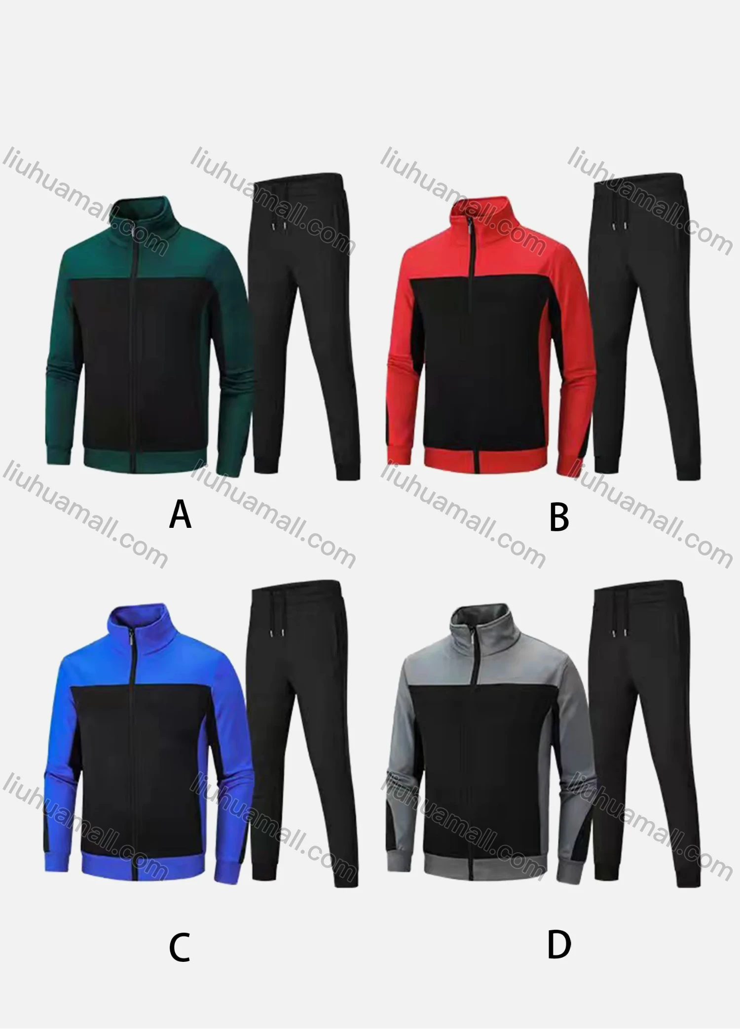 Wholesale Men's Athletic Workout Splicing Colorblock Stand Neck Zip Jacket & Elastic Waist Ankle Length Joggers 2 Piece Set 8090# - Liuhuamall