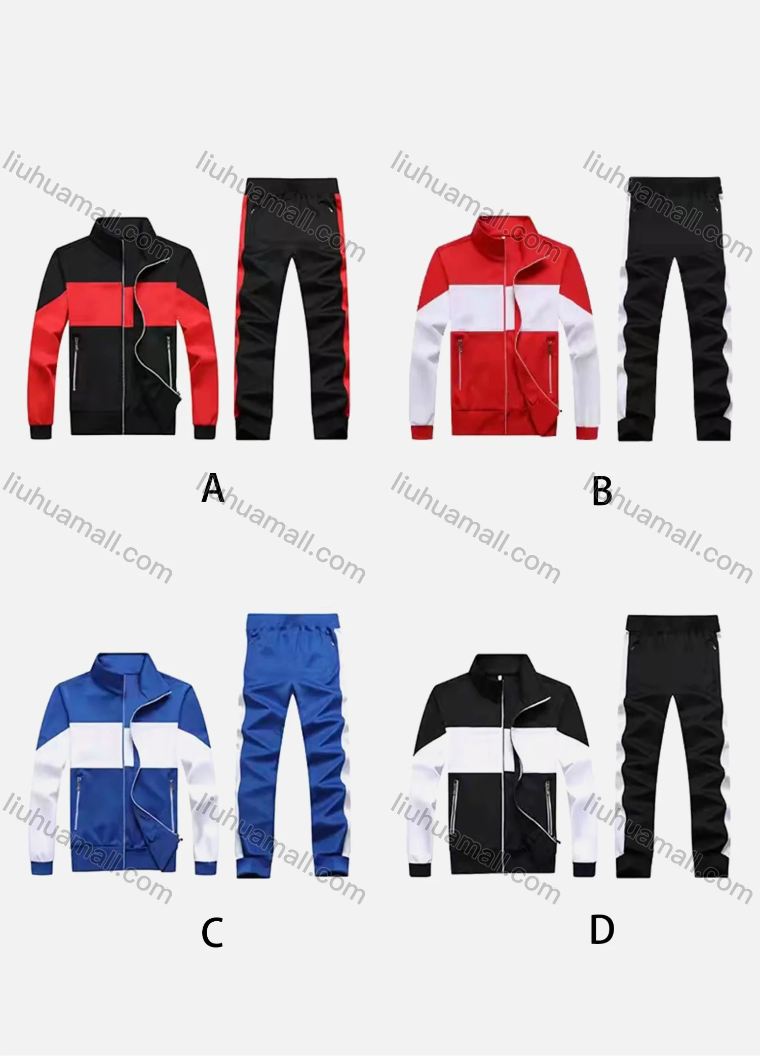 Wholesale Men's Athletic Workout Splicing Colorblock Stand Neck Zip Jacket & Elastic Waist Ankle Length Joggers 2 Piece Set 9971# - Liuhuamall