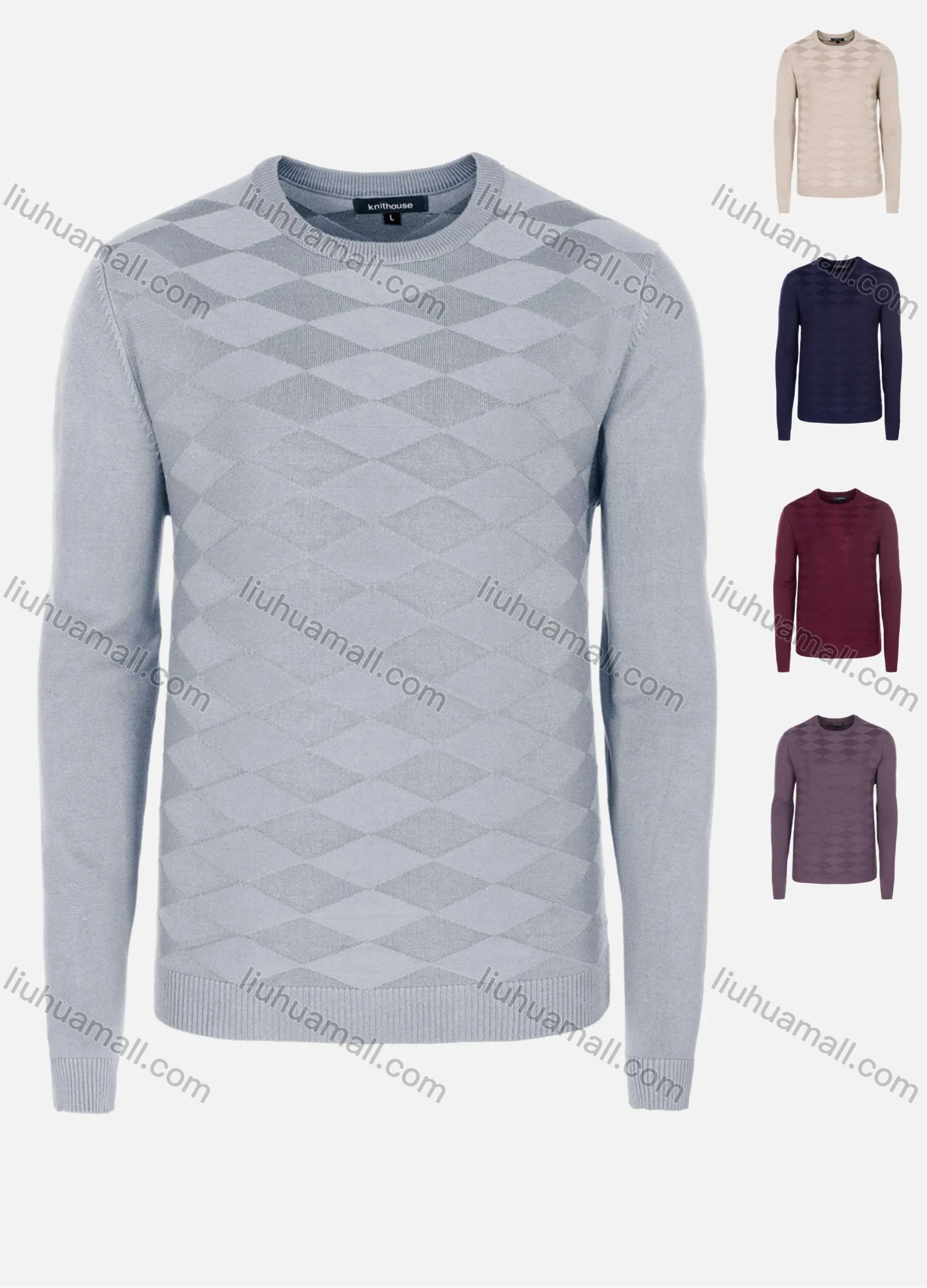 Wholesale Men's Casual Slim Fit Crew Neck Long Sleeve Argyle Knit Sweater 8303# - Liuhuamall