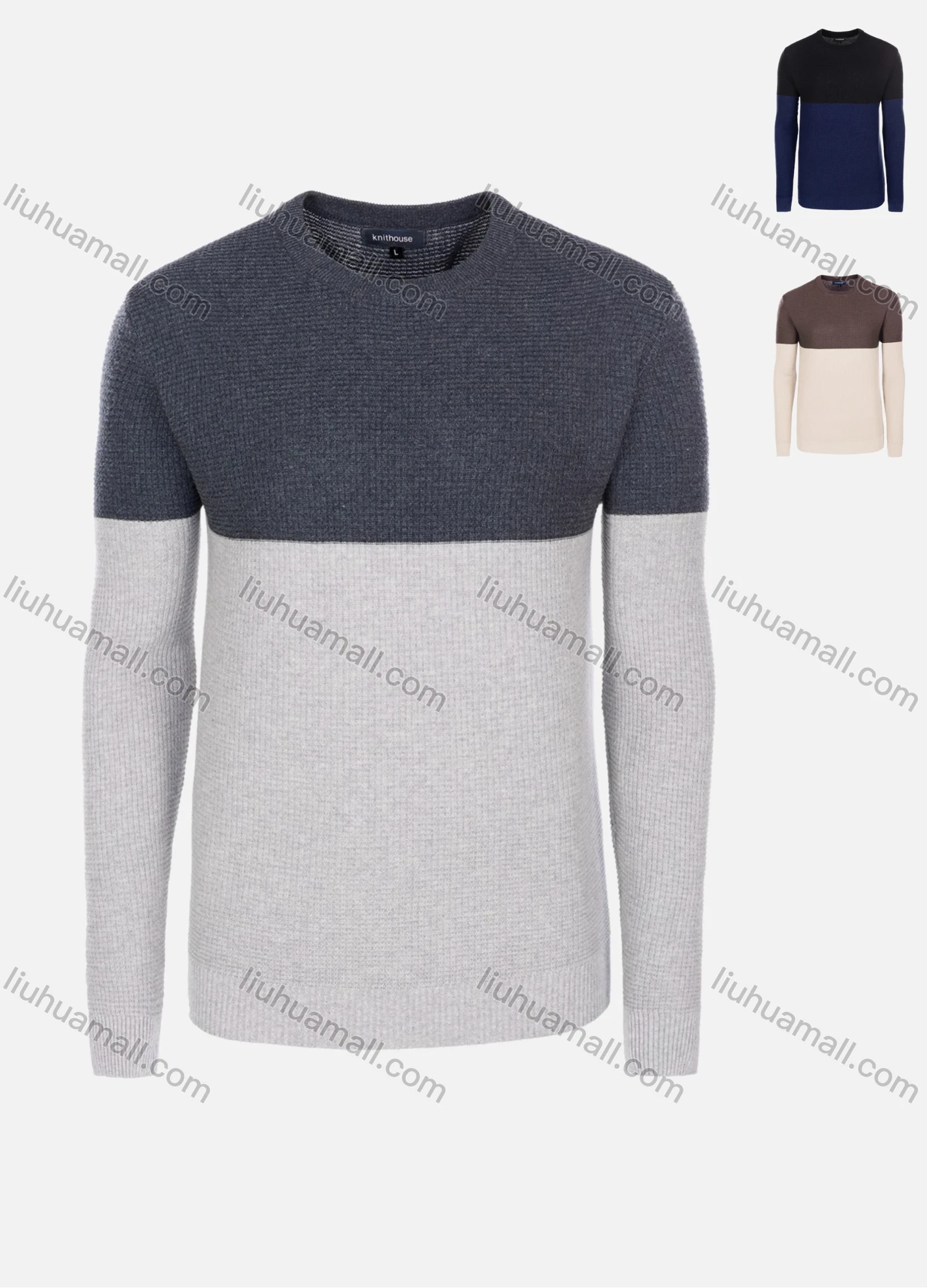 Wholesale Men's Casual Slim Fit Crew Neck Long Sleeve Colorblock Knit Wool Blend Sweater 8912# - Liuhuamall