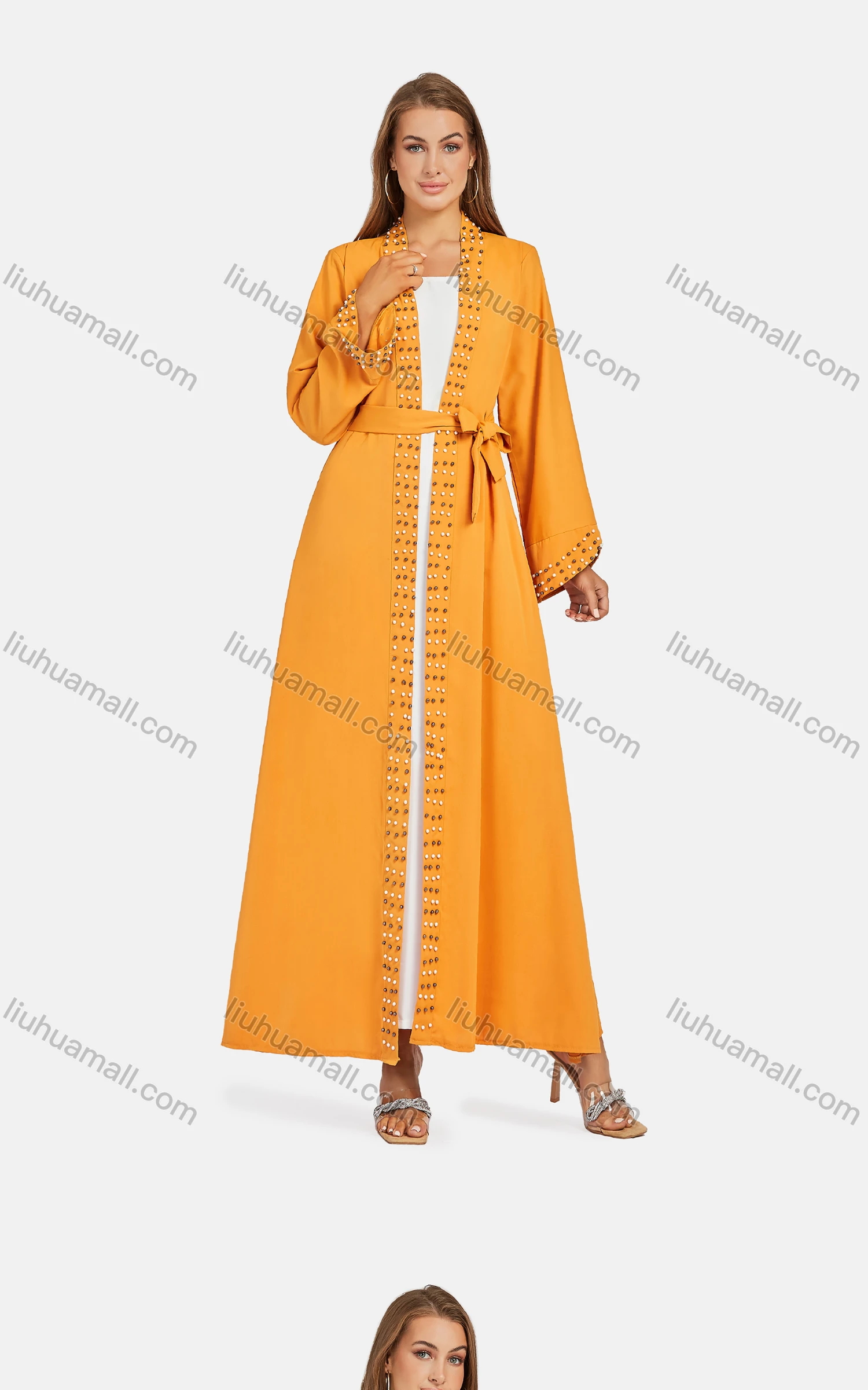 Wholesale Women's Casual Lace Up Pearl Decor Plain Loose Fit Long Cardigan B6028# - Liuhuamall