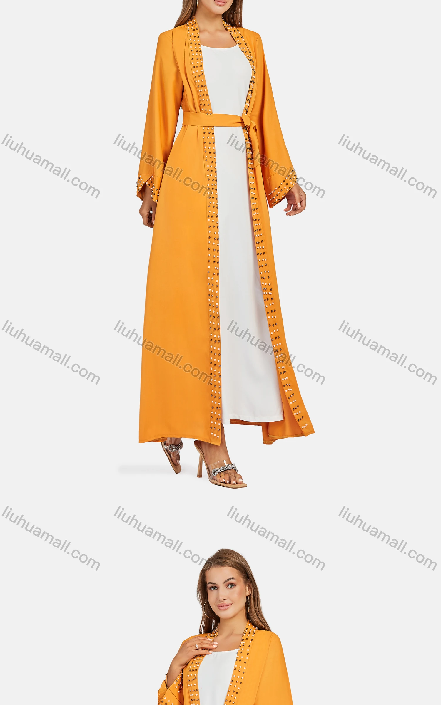 Wholesale Women's Casual Lace Up Pearl Decor Plain Loose Fit Long Cardigan B6028# - Liuhuamall