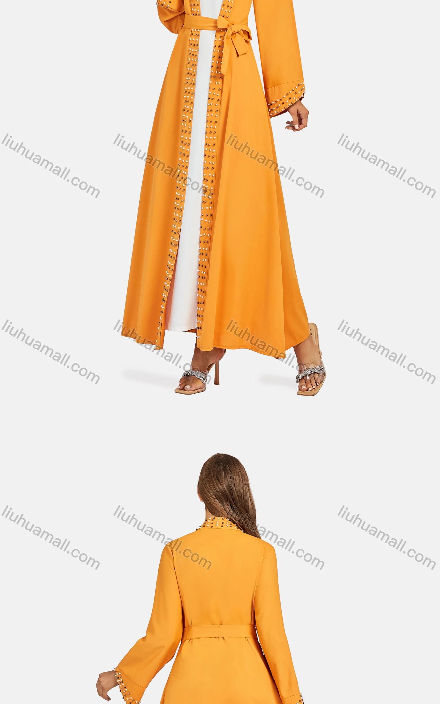 Wholesale Women's Casual Lace Up Pearl Decor Plain Loose Fit Long Cardigan B6028# - Liuhuamall