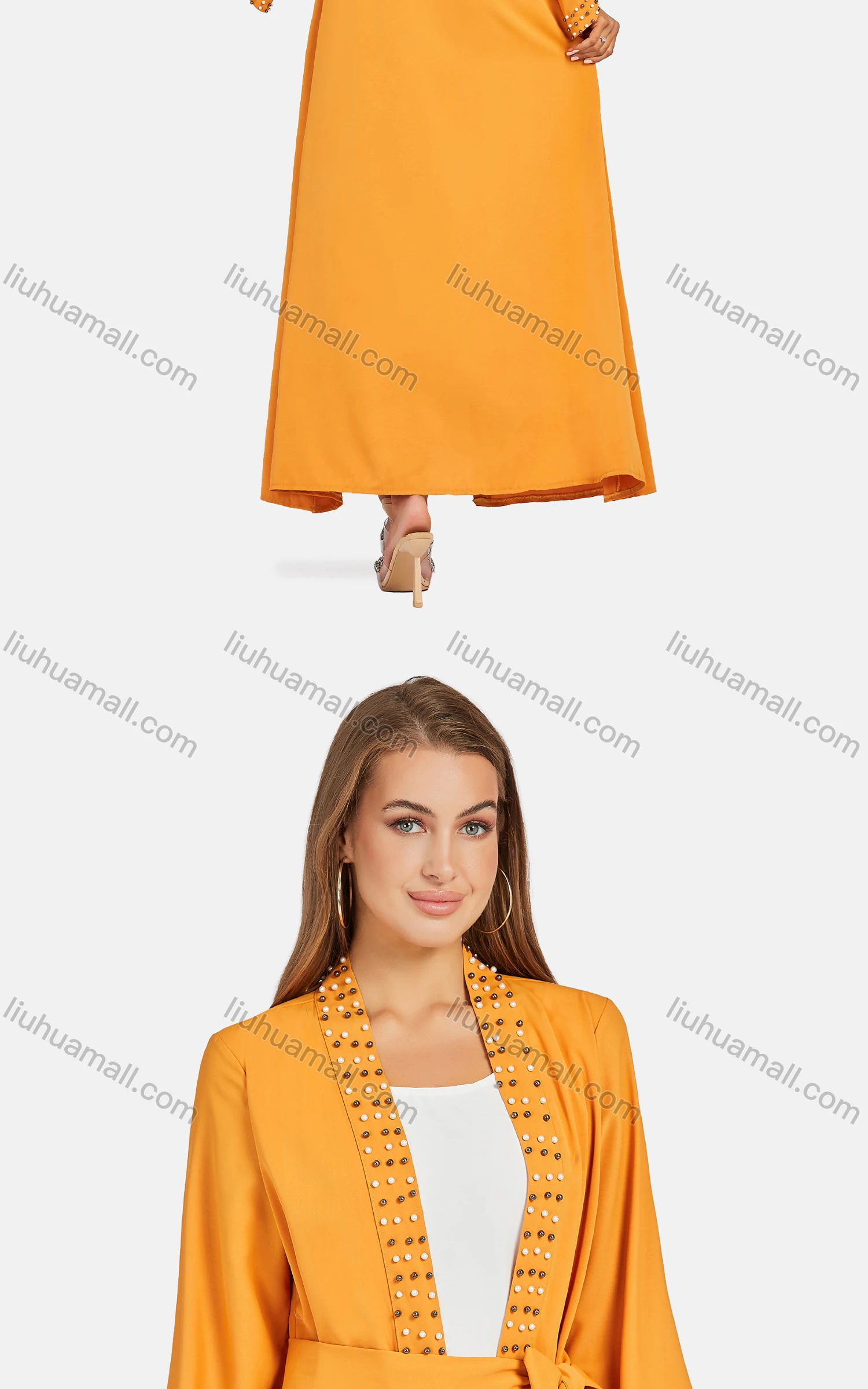 Wholesale Women's Casual Lace Up Pearl Decor Plain Loose Fit Long Cardigan B6028# - Liuhuamall