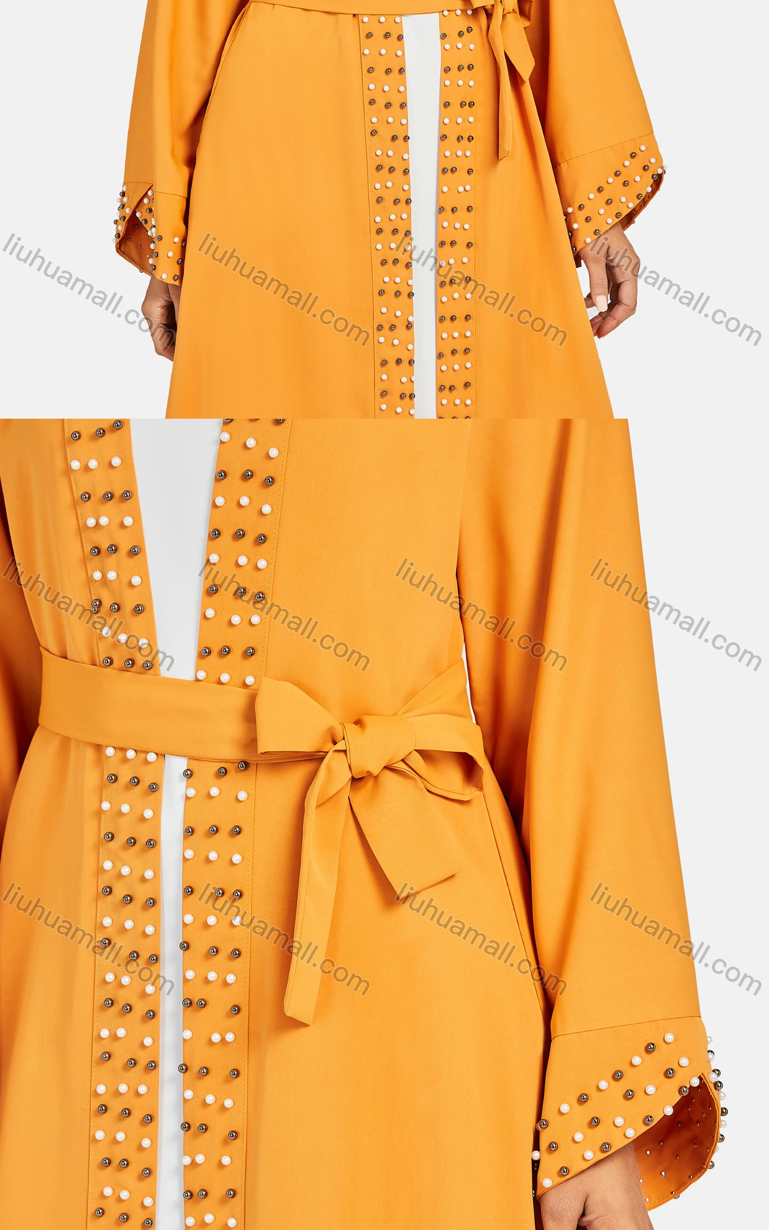 Wholesale Women's Casual Lace Up Pearl Decor Plain Loose Fit Long Cardigan B6028# - Liuhuamall