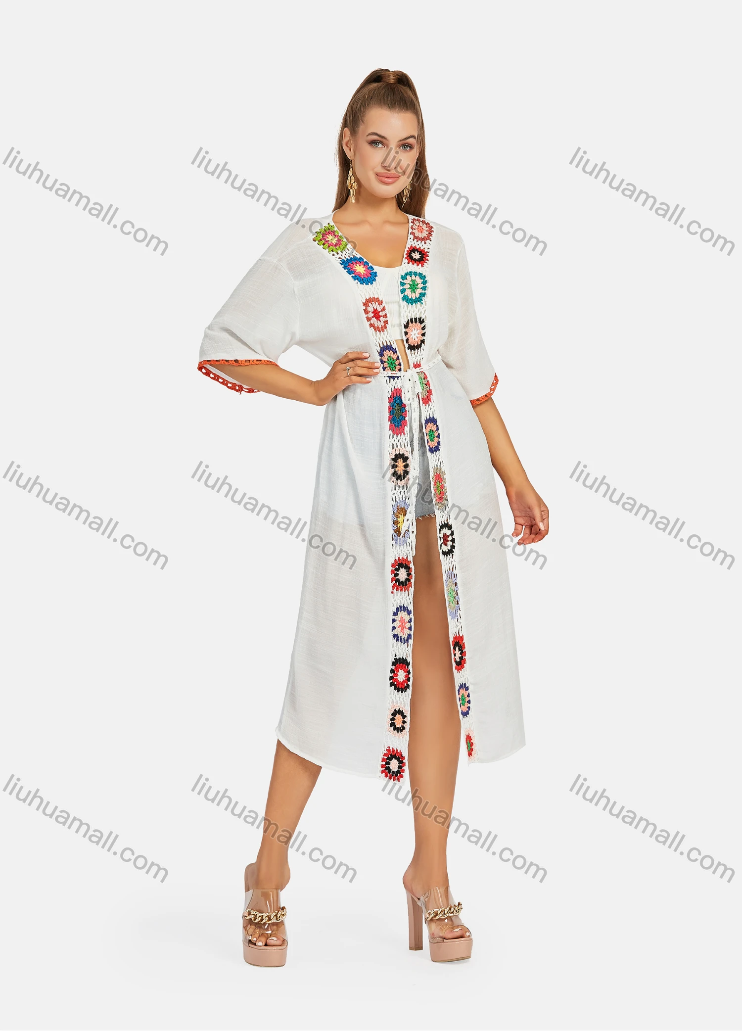 Wholesale Women's Casual 3/4 Sleeve Embroidery Long Robe Cardigan With Belt B111# - Liuhuamall