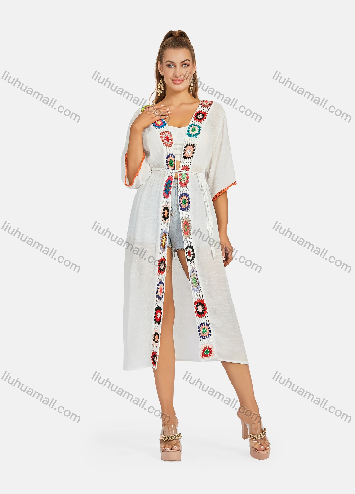 Wholesale Women's Casual 3/4 Sleeve Embroidery Long Robe Cardigan With Belt B111# - Liuhuamall