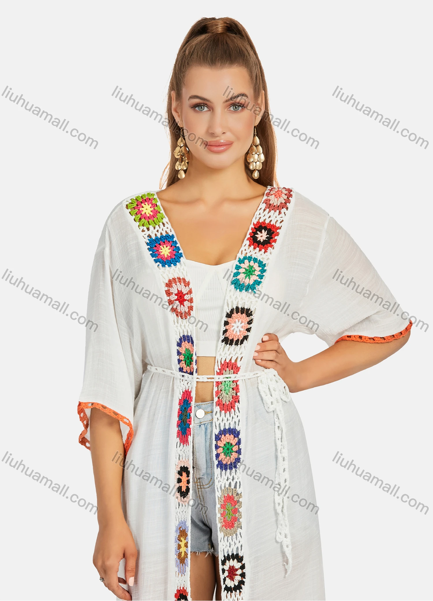 Wholesale Women's Casual 3/4 Sleeve Embroidery Long Robe Cardigan With Belt B111# - Liuhuamall