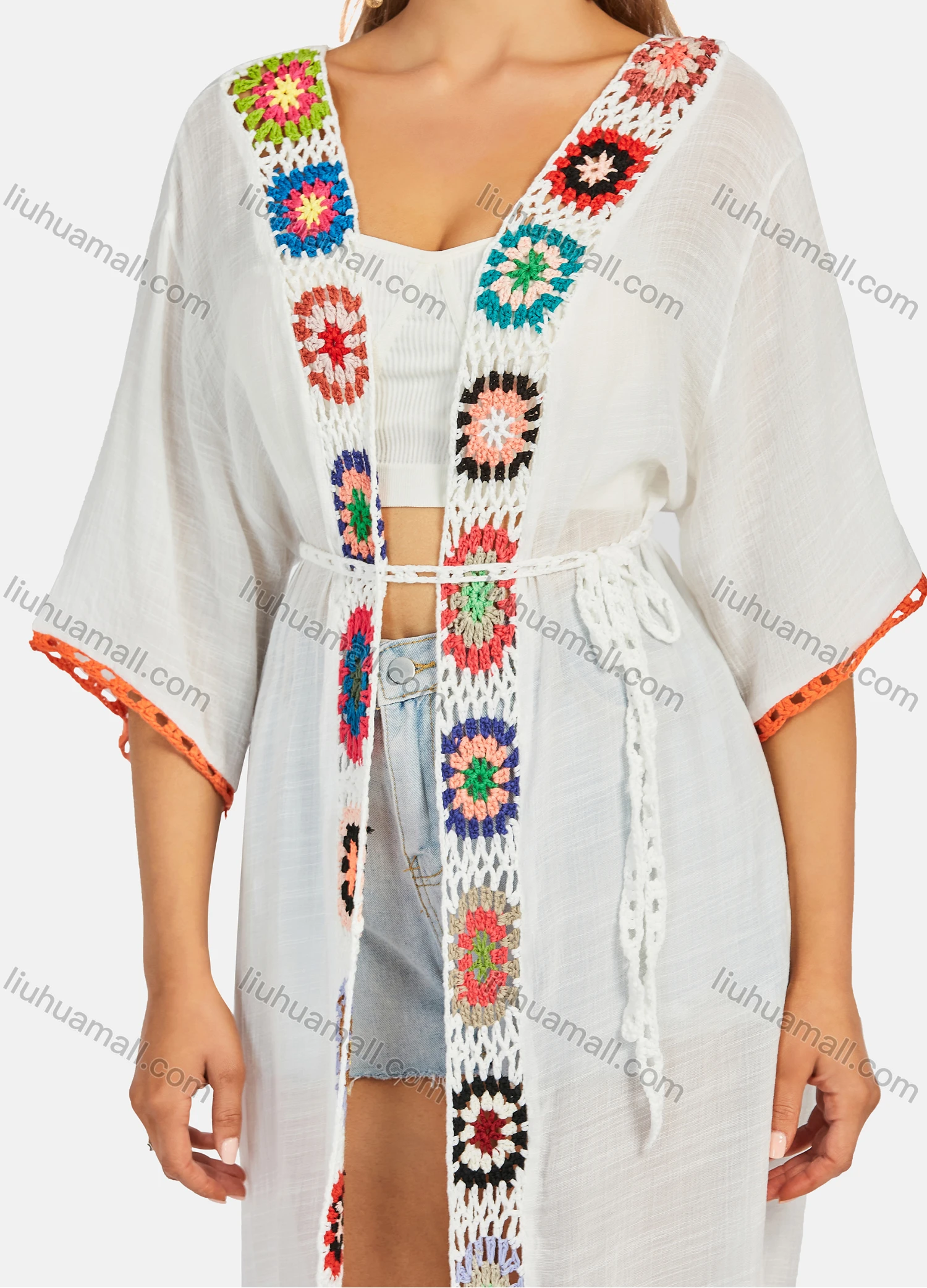 Wholesale Women's Casual 3/4 Sleeve Embroidery Long Robe Cardigan With Belt B111# - Liuhuamall