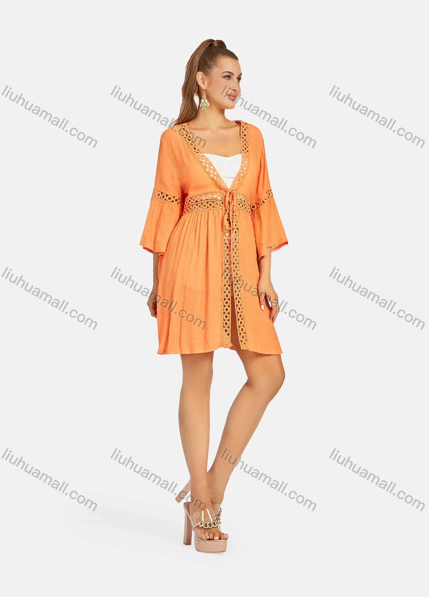 Wholesale Women's Casual 3/4 Sleeve Embroidery Hollow Out Tie Front Long Cardigan B112# - Liuhuamall