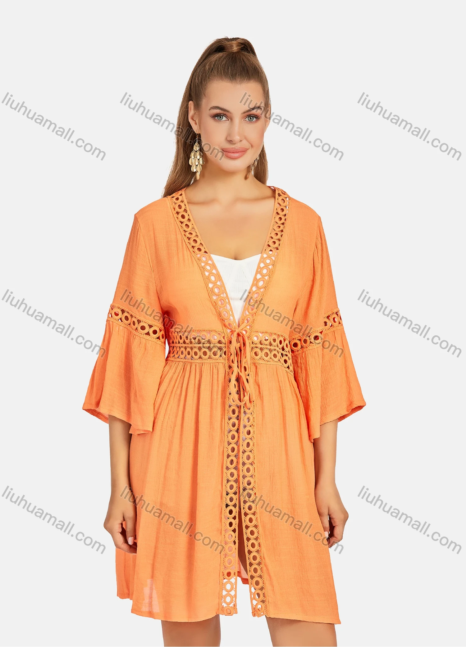 Wholesale Women's Casual 3/4 Sleeve Embroidery Hollow Out Tie Front Long Cardigan B112# - Liuhuamall