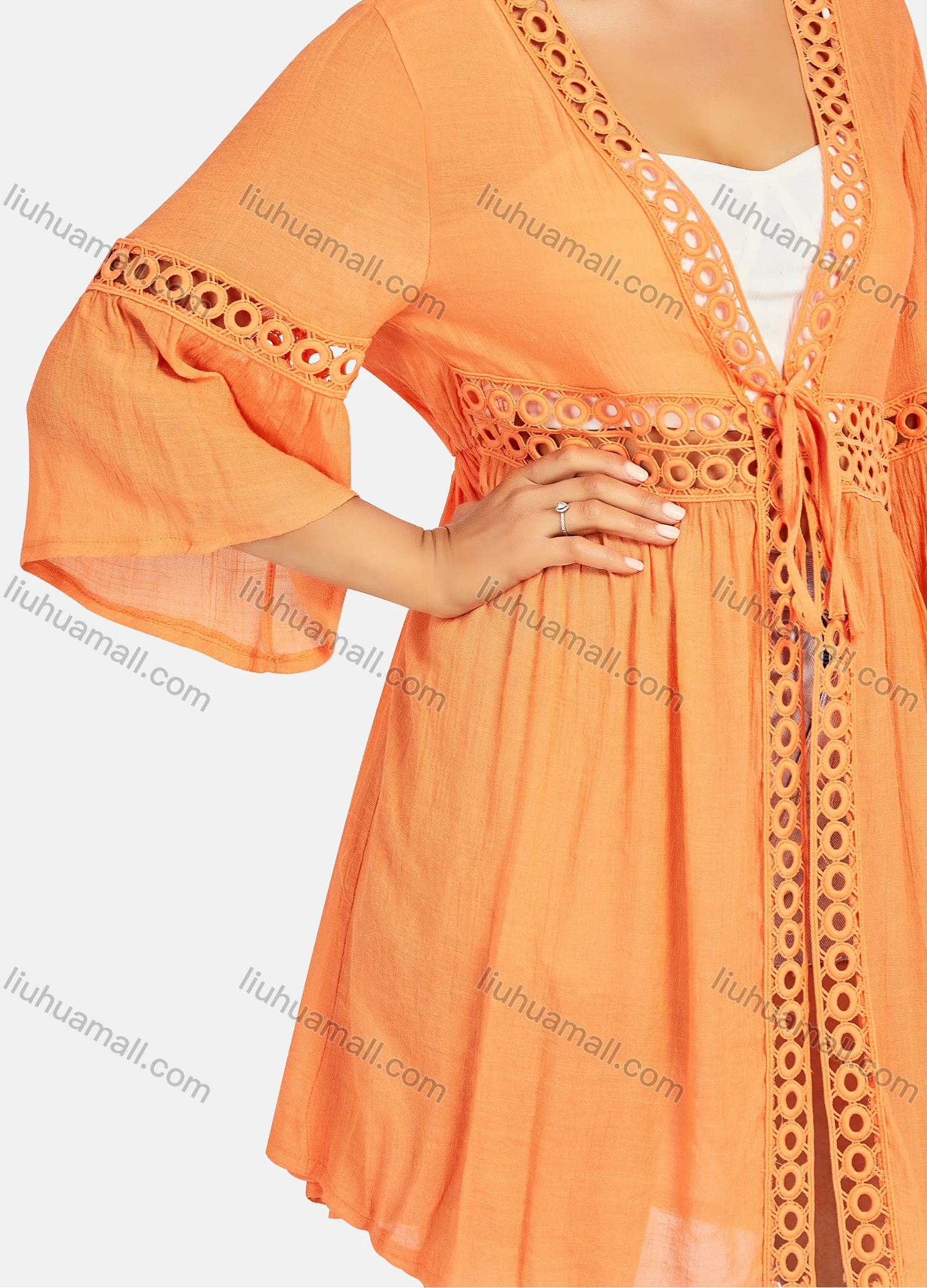 Wholesale Women's Casual 3/4 Sleeve Embroidery Hollow Out Tie Front Long Cardigan B112# - Liuhuamall