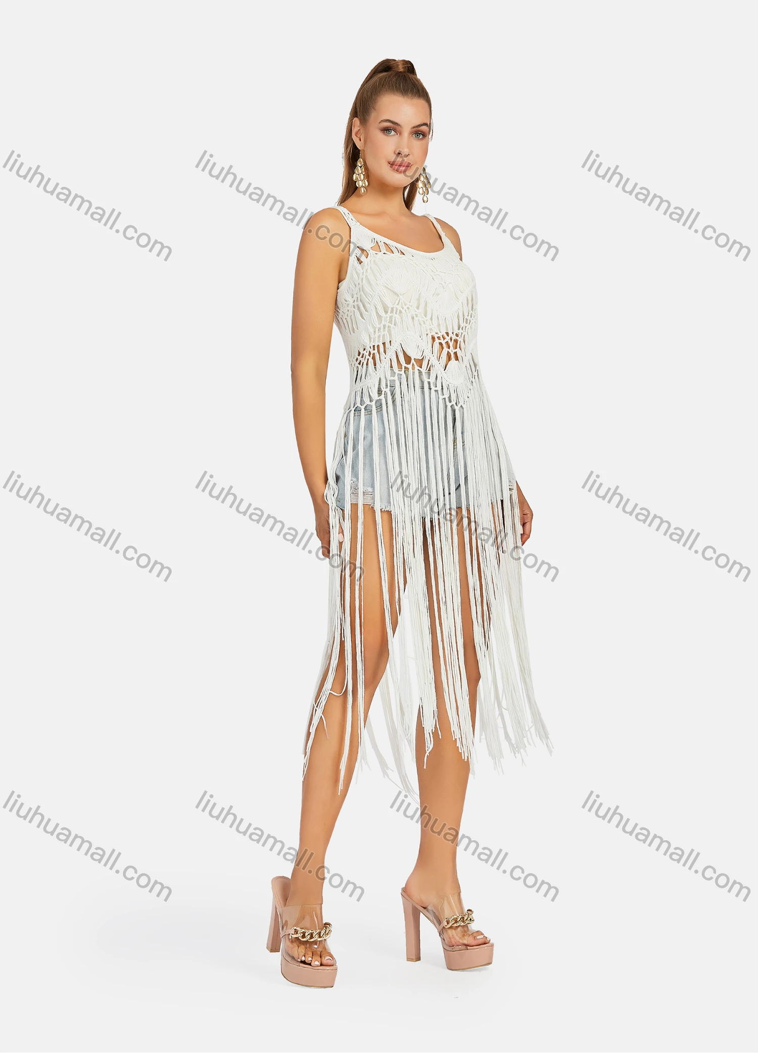 Wholesale Women's Plain Knit Hollow Out Tassel Fringe Cover Up Cami Dress B110# - Liuhuamall