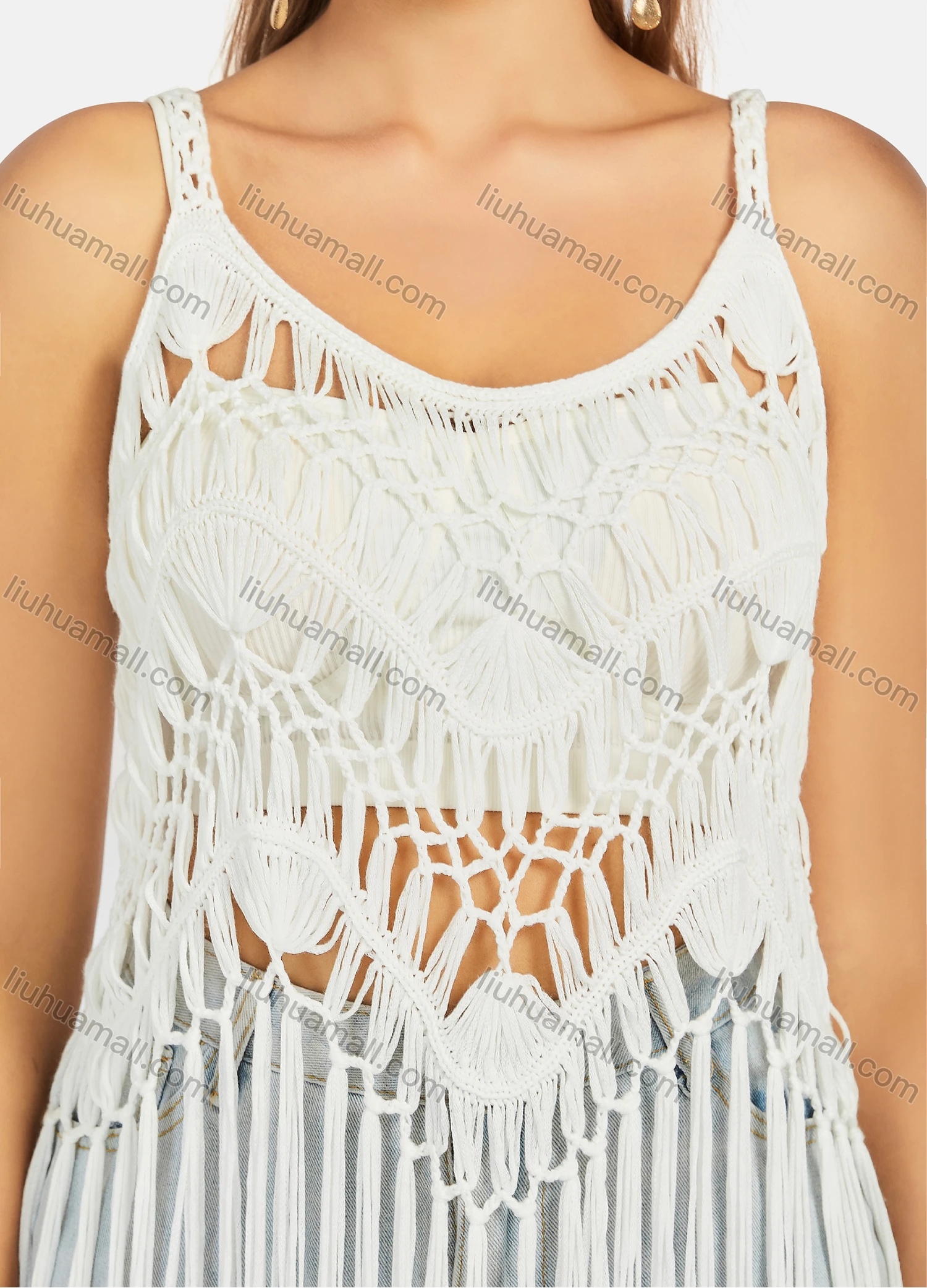 Wholesale Women's Plain Knit Hollow Out Tassel Fringe Cover Up Cami Dress B110# - Liuhuamall
