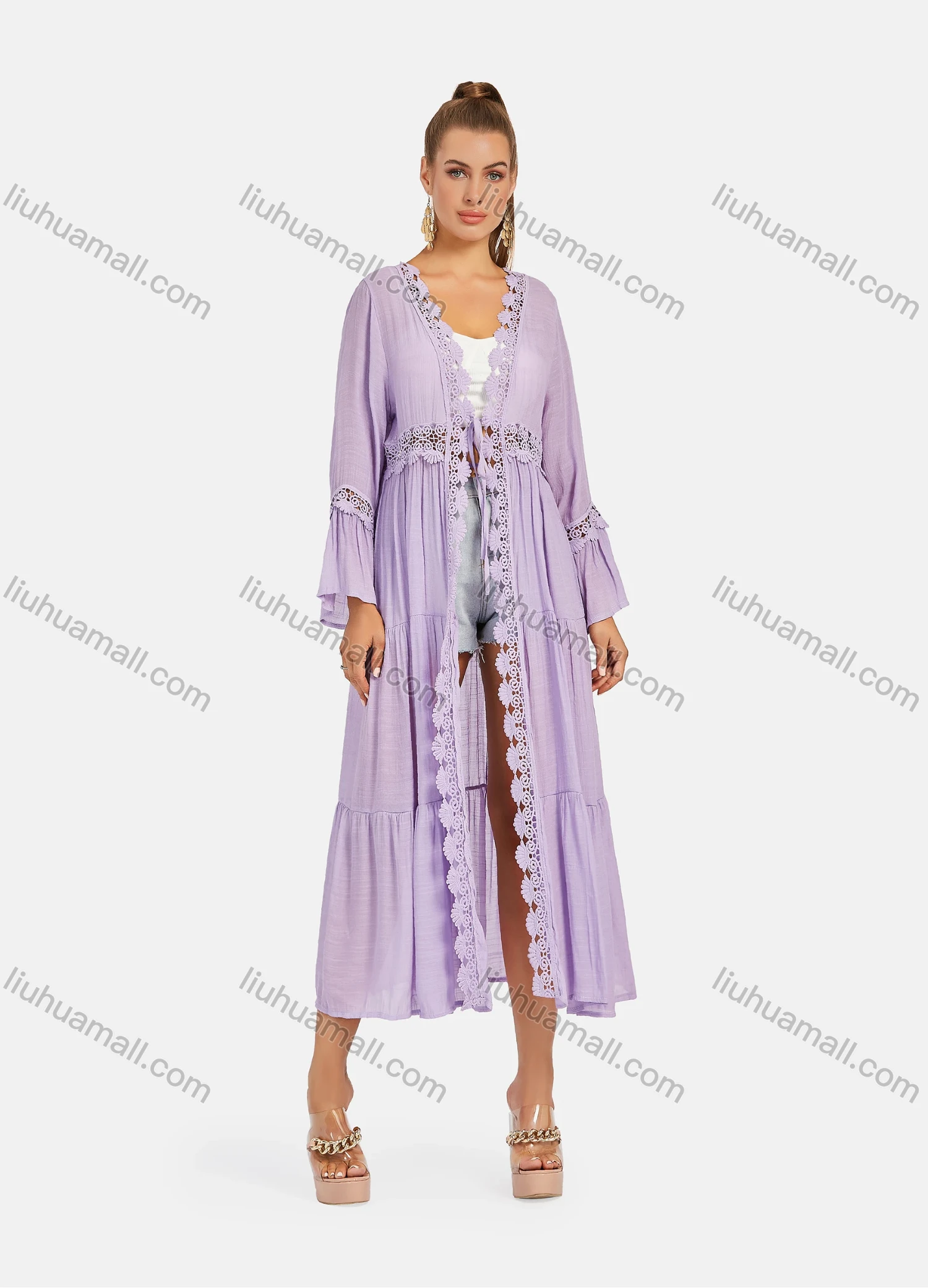 Wholesale Women's Casual Long Sleeve Embroidery Hollow Out Tie Front Long Robe Cardigan B113# - Liuhuamall