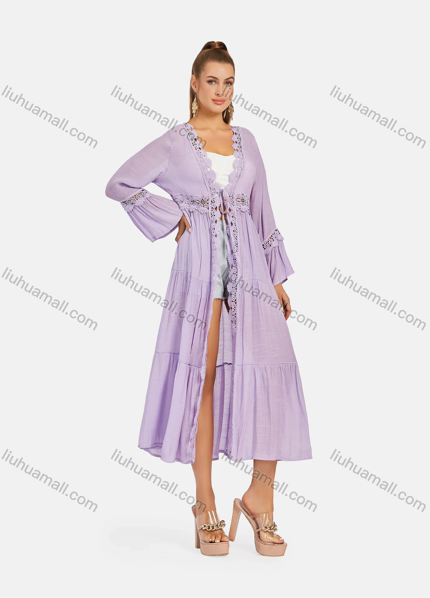 Wholesale Women's Casual Long Sleeve Embroidery Hollow Out Tie Front Long Robe Cardigan B113# - Liuhuamall