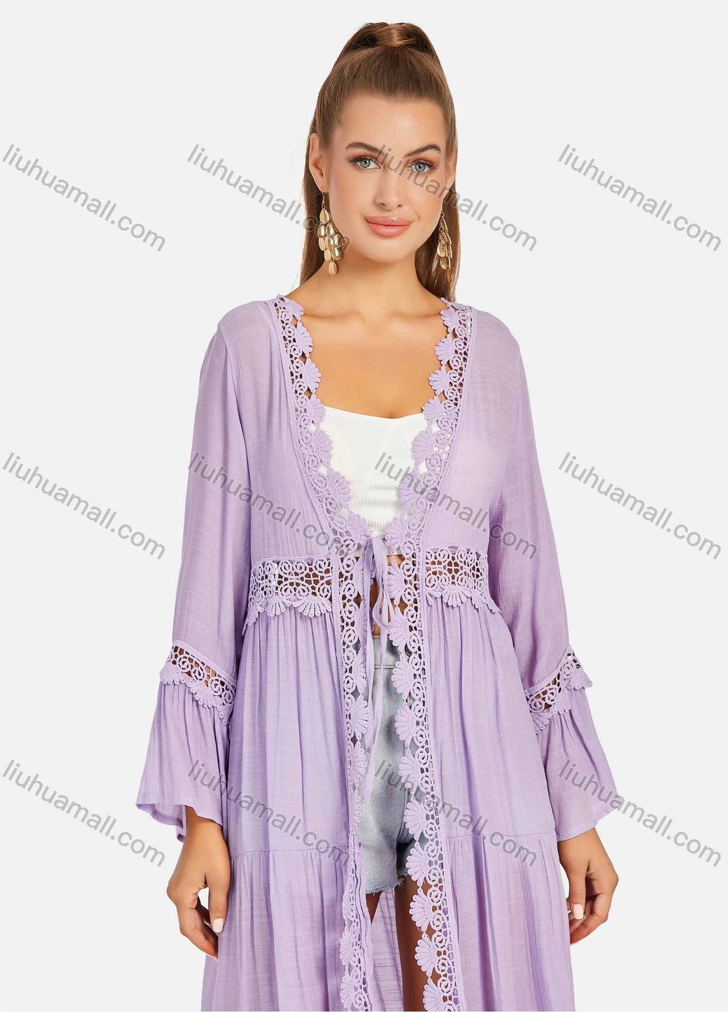 Wholesale Women's Casual Long Sleeve Embroidery Hollow Out Tie Front Long Robe Cardigan B113# - Liuhuamall