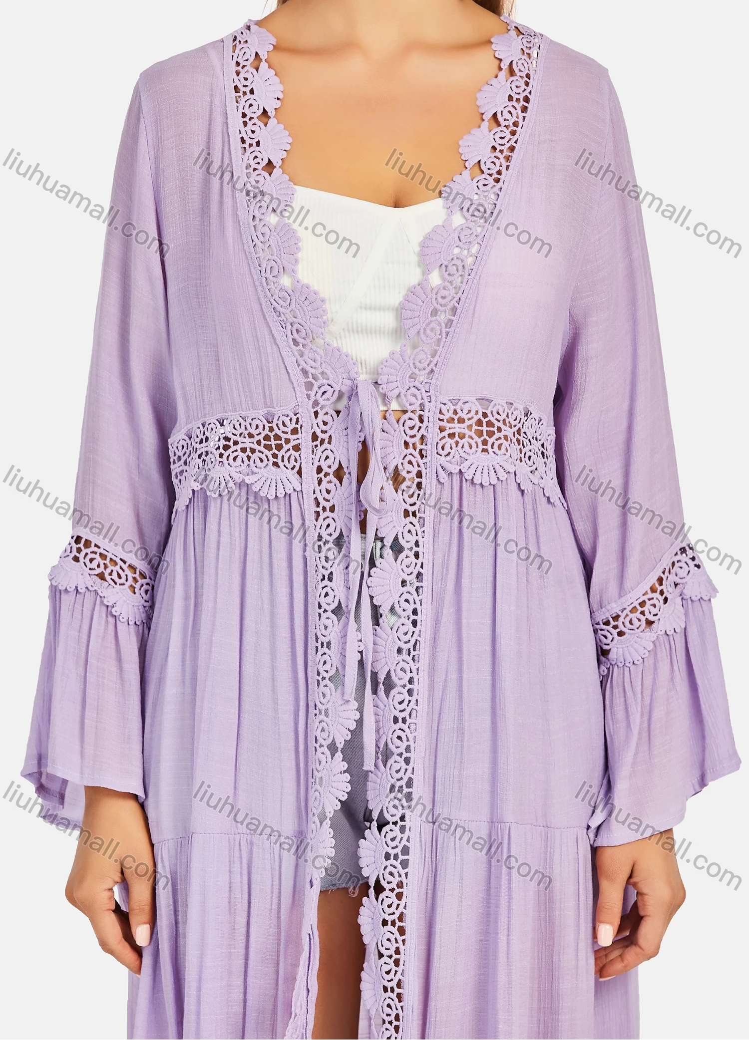 Wholesale Women's Casual Long Sleeve Embroidery Hollow Out Tie Front Long Robe Cardigan B113# - Liuhuamall