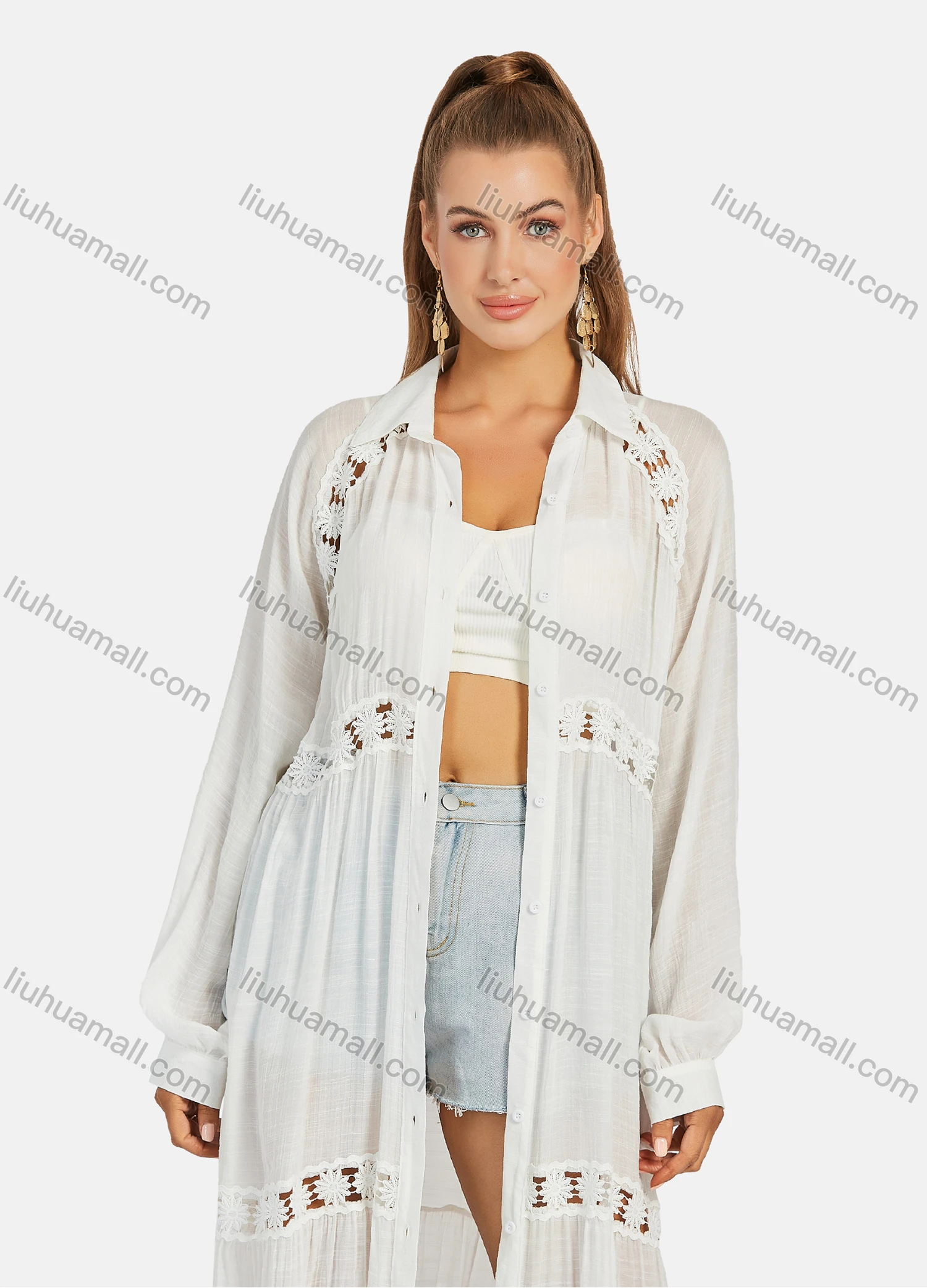 Wholesale Women's Casual Long Sleeve Embroidery Hollow Out Button Down Long Robe Cardigan B114# - Liuhuamall